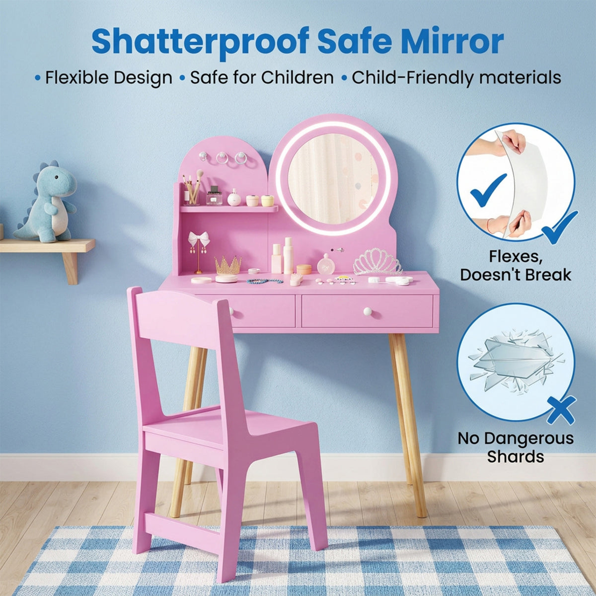 Kids Vanity Table & Chair Set LED Light Up Mirror Dressing Table Pink