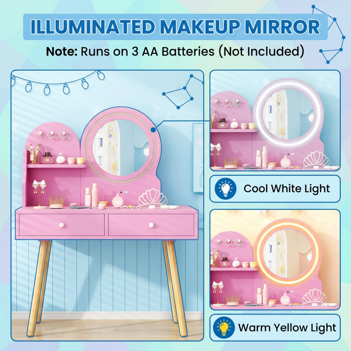 Kids Vanity Table & Chair Set LED Light Up Mirror Dressing Table Pink