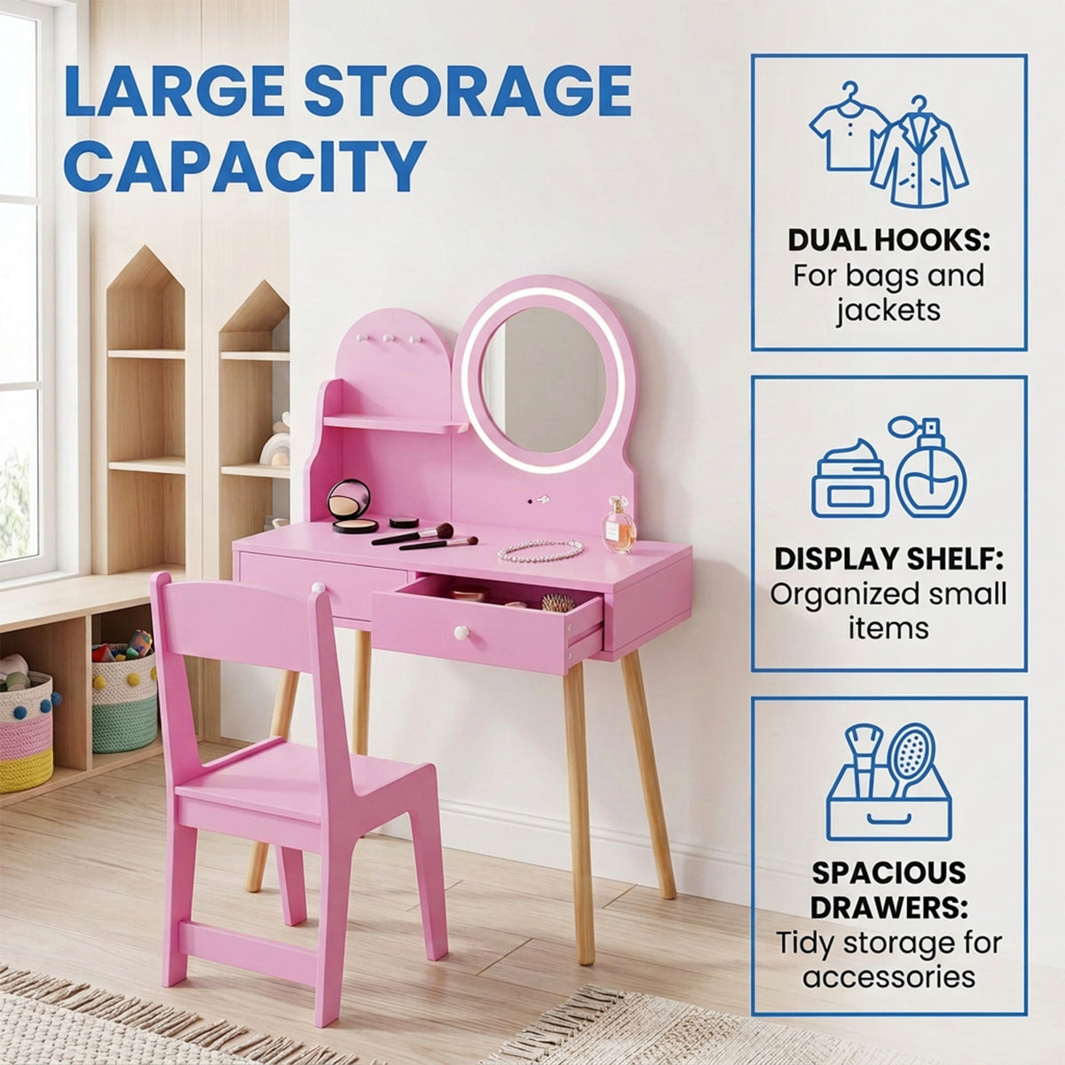 Kids Vanity Table & Chair Set LED Light Up Mirror Dressing Table Pink