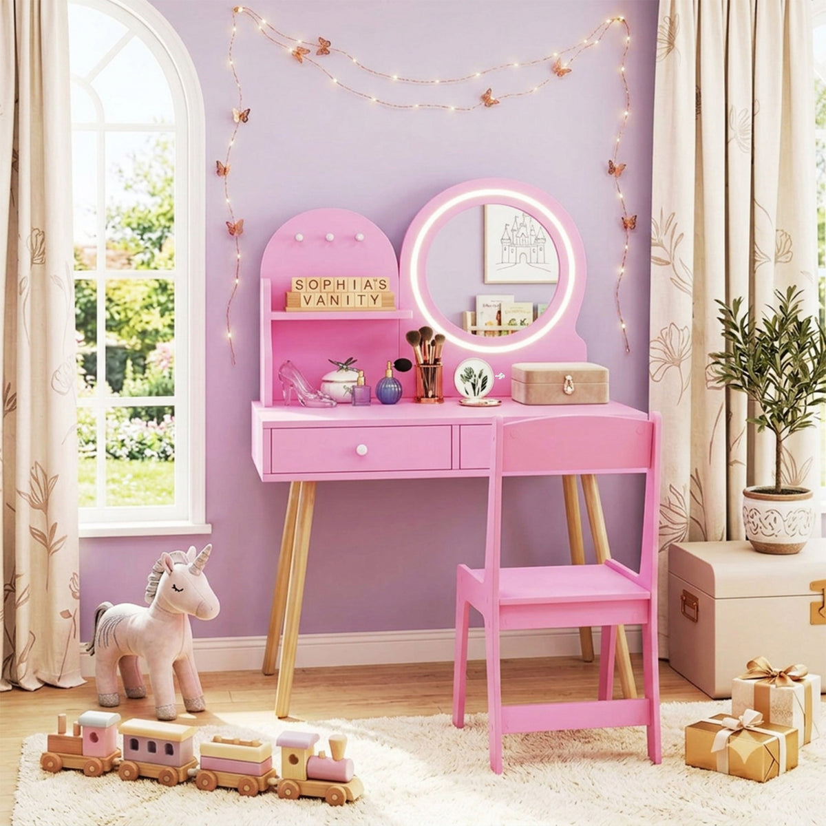 Kids Vanity Table & Chair Set LED Light Up Mirror Dressing Table Pink