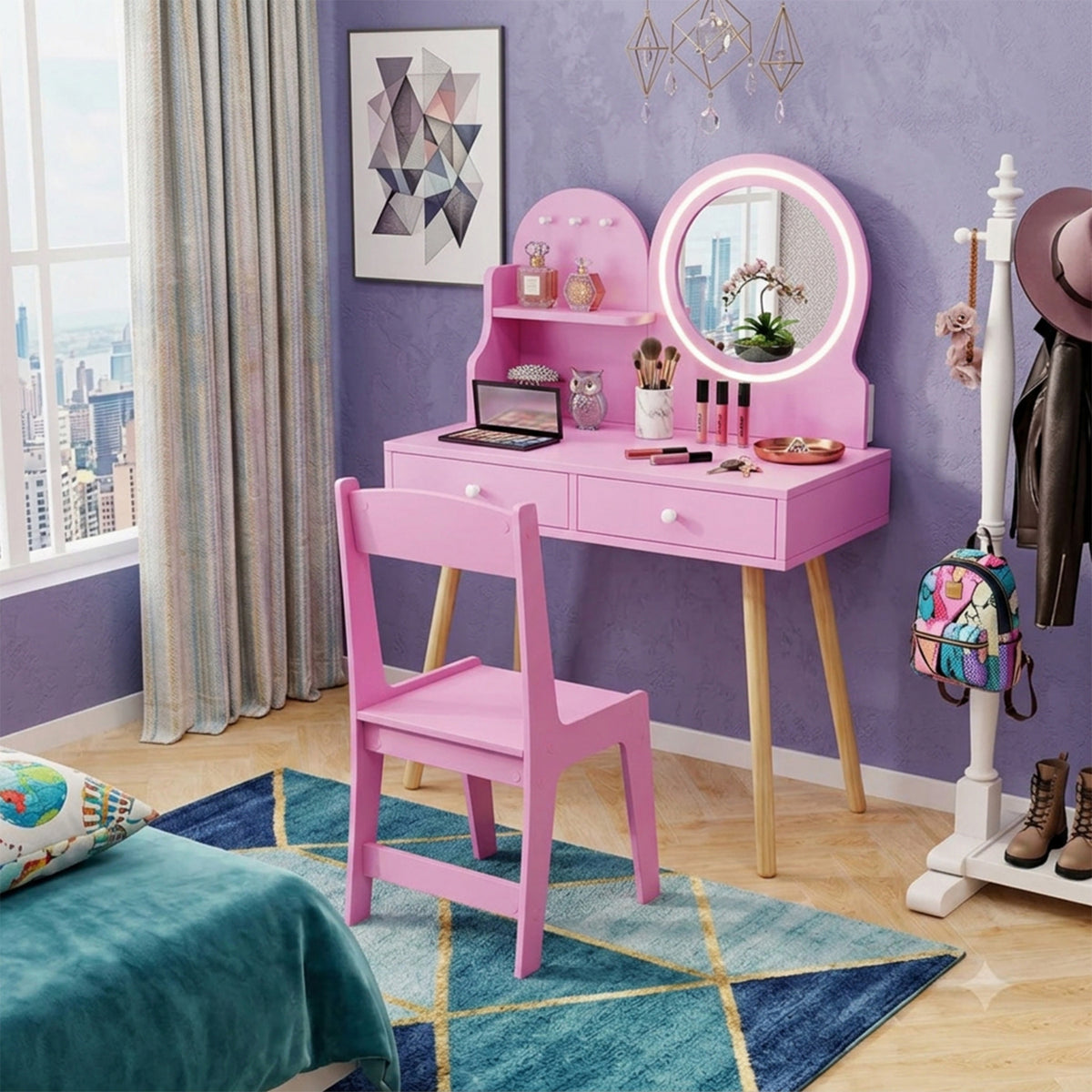 Kids Vanity Table & Chair Set LED Light Up Mirror Dressing Table Pink