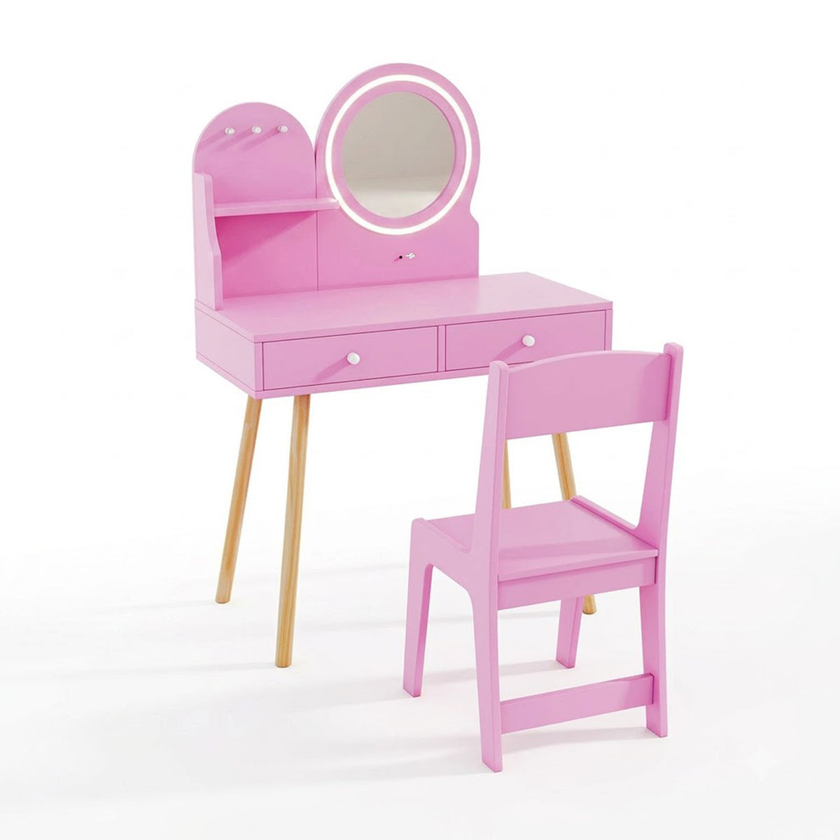 Kids Vanity Table & Chair Set LED Light Up Mirror Dressing Table Pink