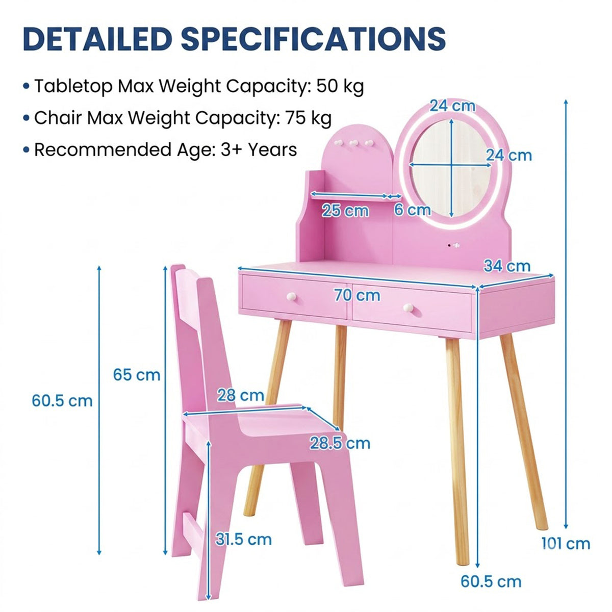 Kids Vanity Table & Chair Set LED Light Up Mirror Dressing Table Pink