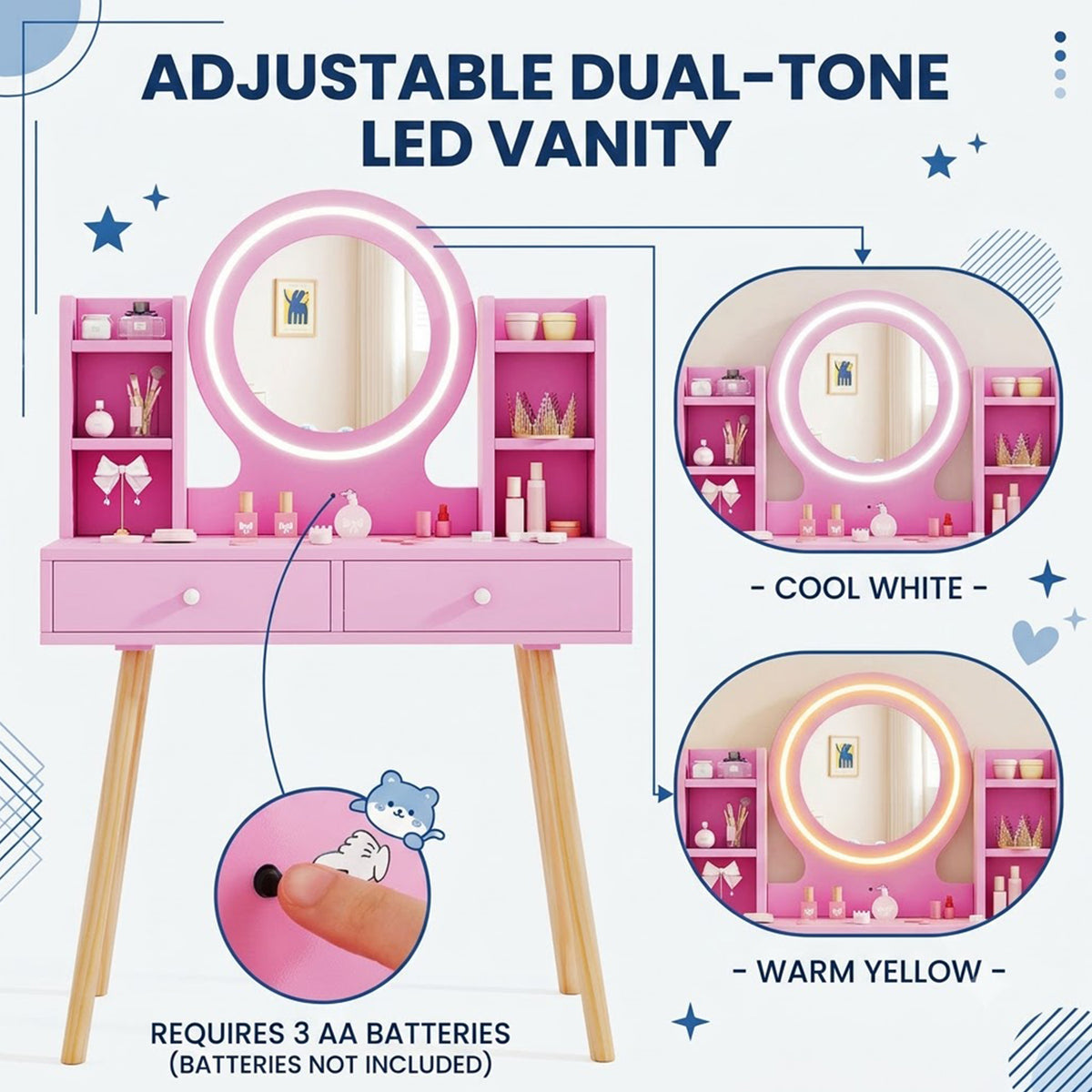 Kids Vanity Table & Chair Set 2 Colour Lit Mirror Storage Shelves
