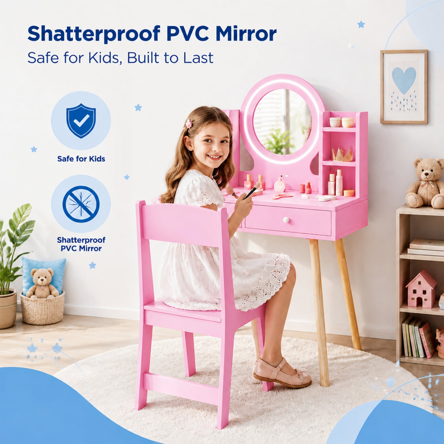 Kids Vanity Table & Chair Set 2 Colour Lit Mirror Storage Shelves