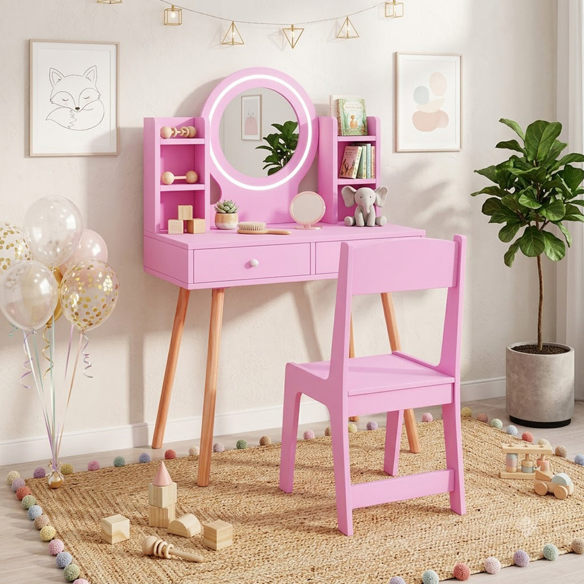 Kids Vanity Table & Chair Set 2 Colour Lit Mirror Storage Shelves