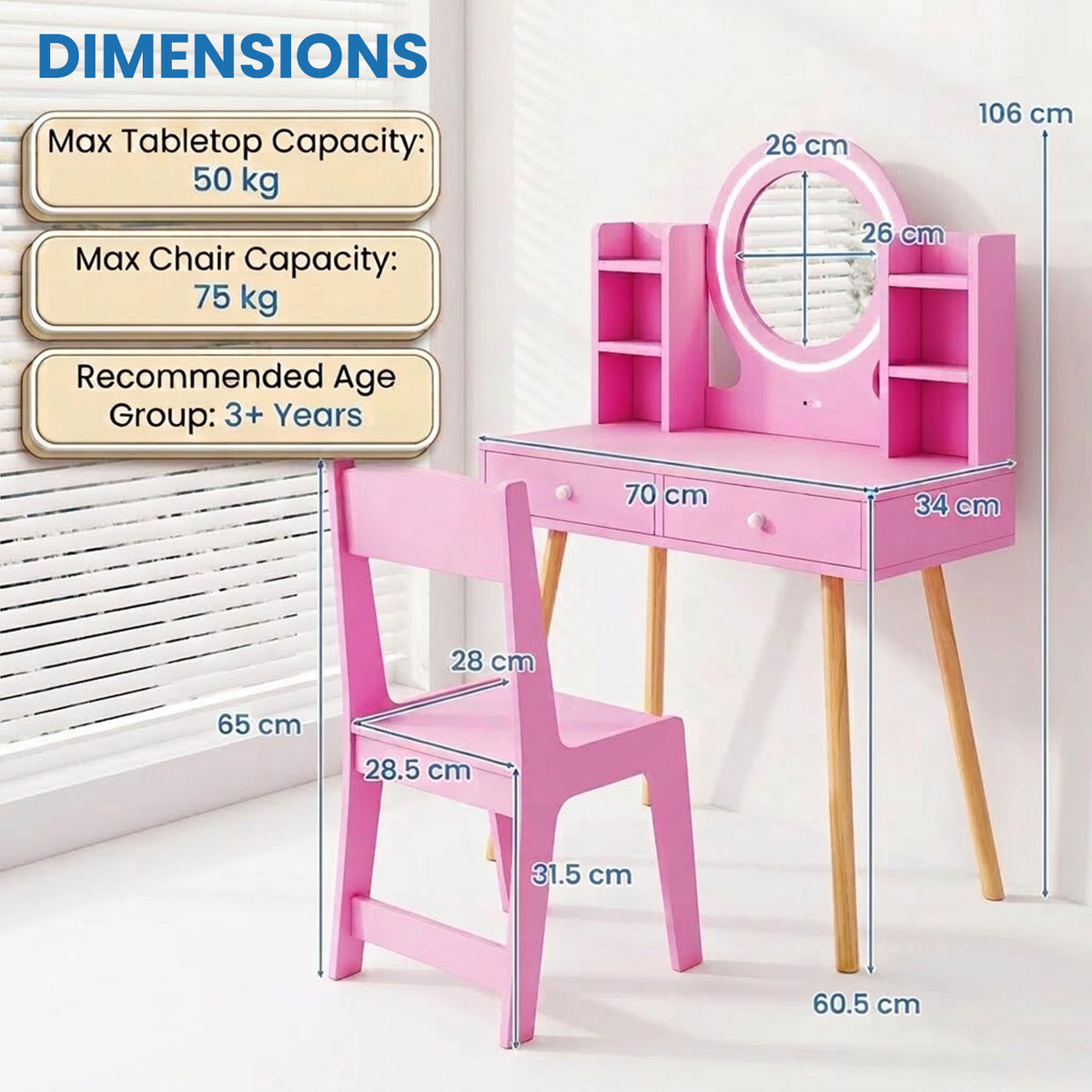 Kids Vanity Table & Chair Set 2 Colour Lit Mirror Storage Shelves