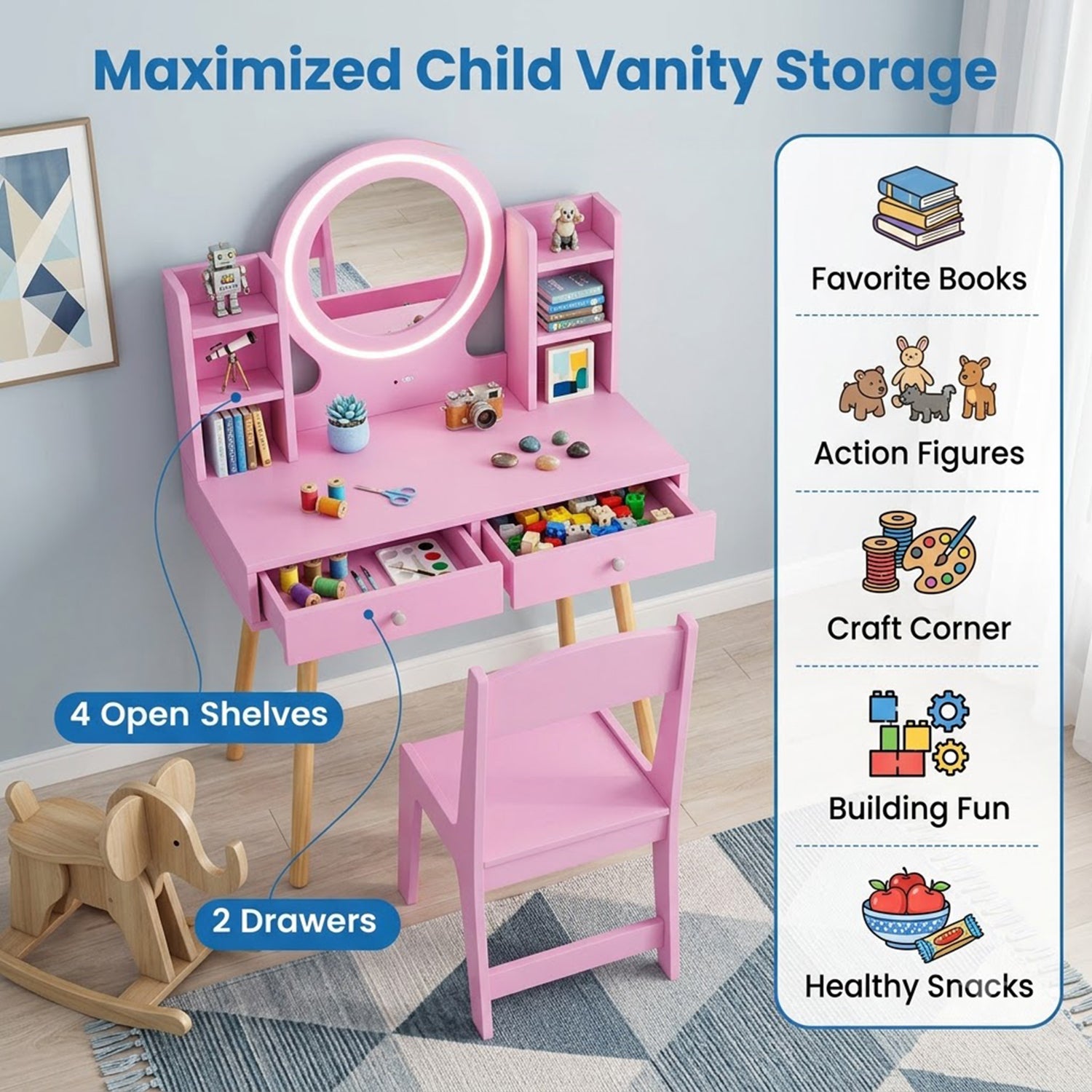 Kids Vanity Table & Chair Set 2 Colour Lit Mirror Storage Shelves