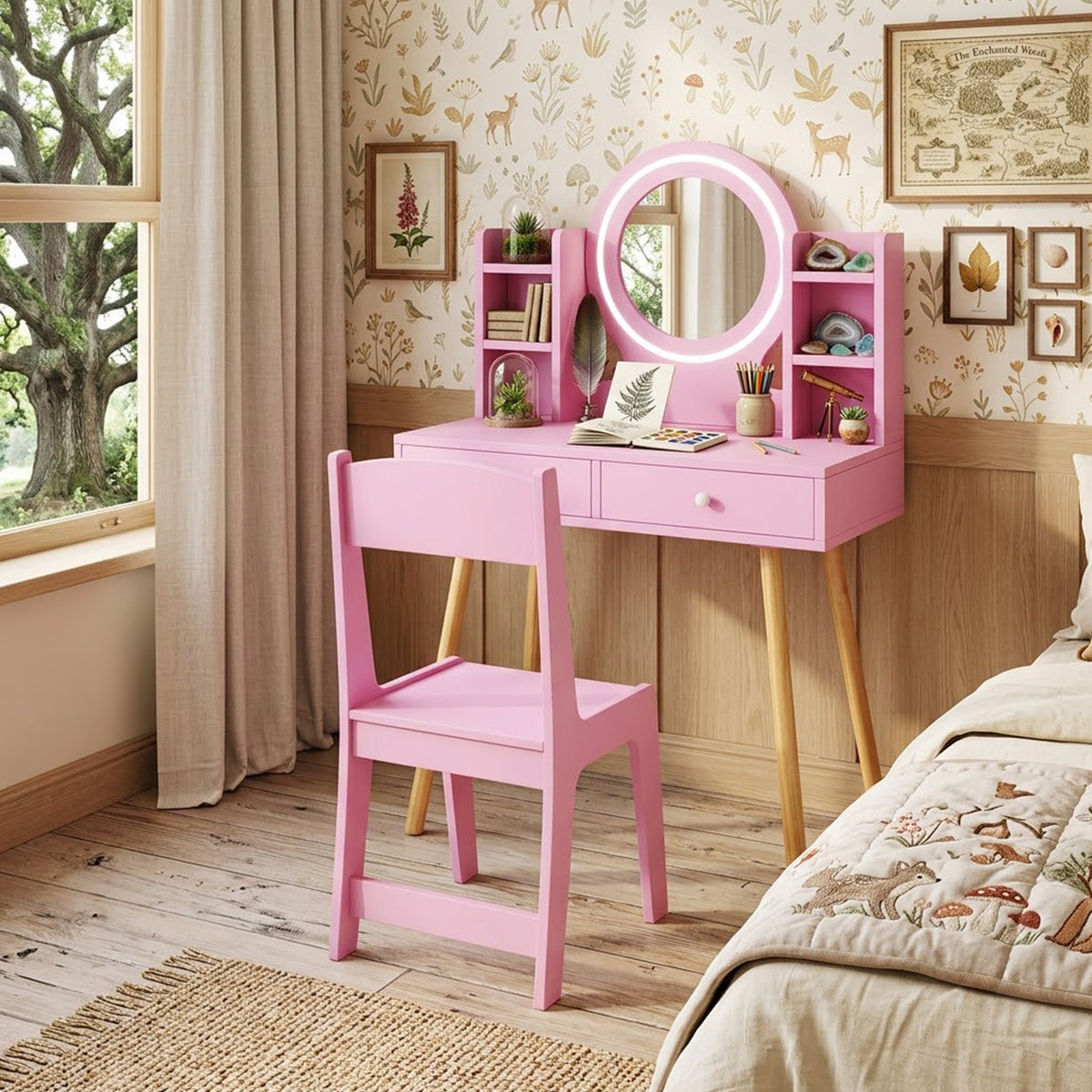 Kids Vanity Table & Chair Set 2 Colour Lit Mirror Storage Shelves