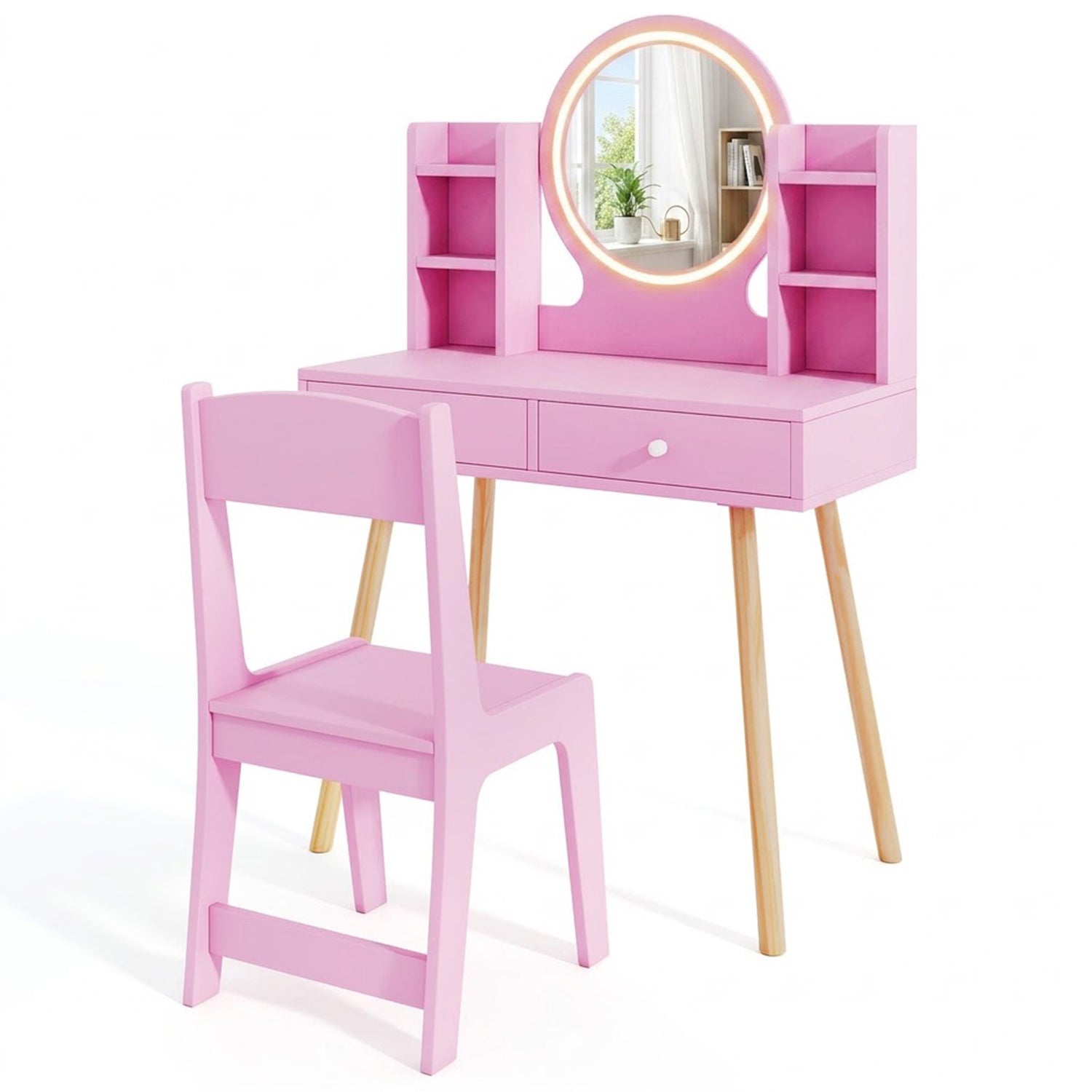 Kids Vanity Table & Chair Set 2 Colour Lit Mirror Storage Shelves