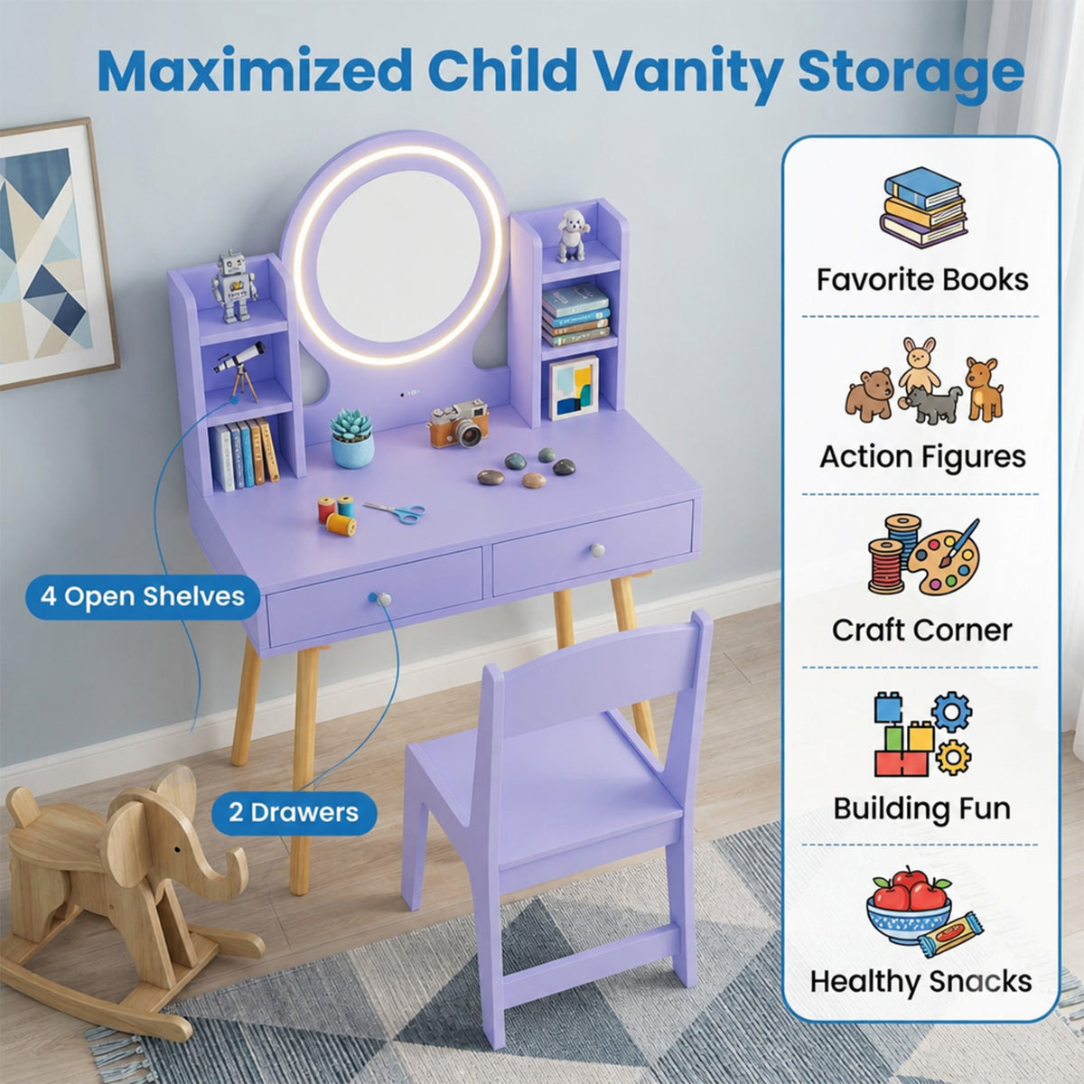 Kids Vanity Table & Chair Set 2 Colour Lit Mirror Storage Shelves