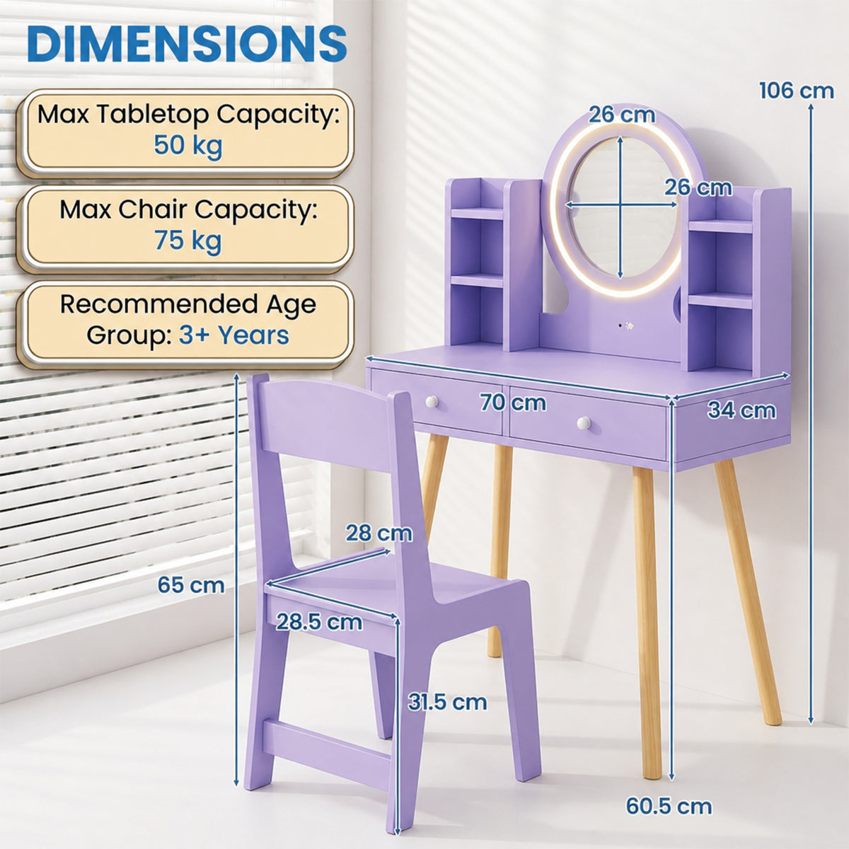 Kids Vanity Table & Chair Set 2 Colour Lit Mirror Storage Shelves