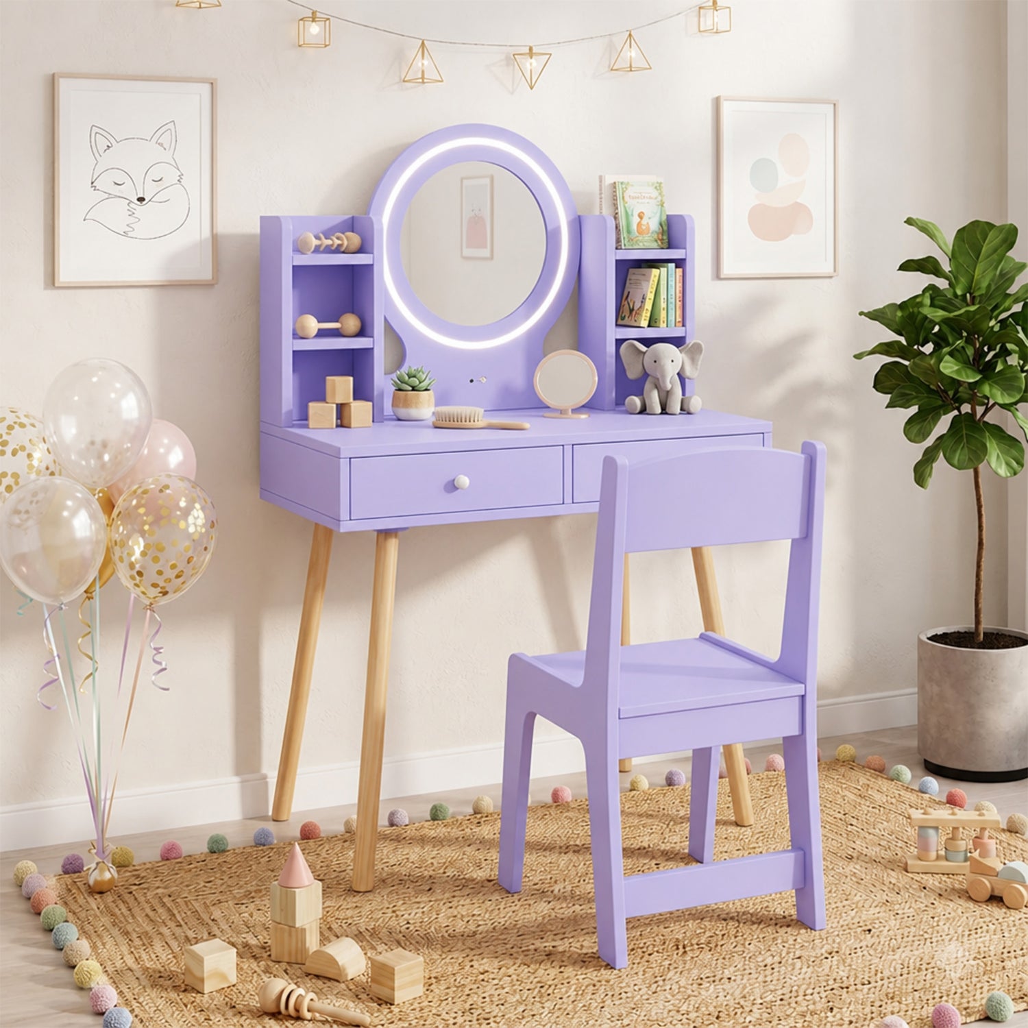 Kids Vanity Table & Chair Set 2 Colour Lit Mirror Storage Shelves