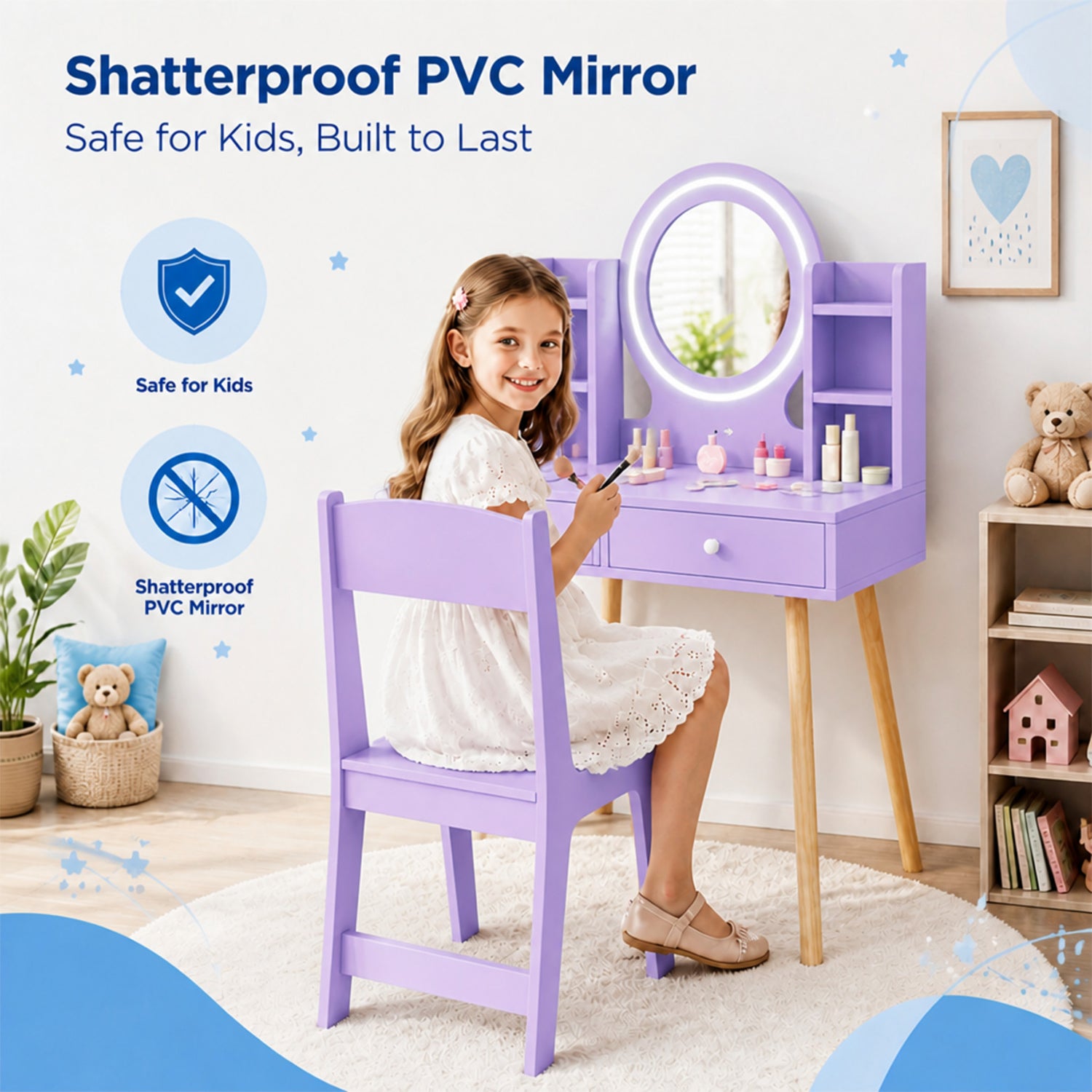 Kids Vanity Table & Chair Set 2 Colour Lit Mirror Storage Shelves