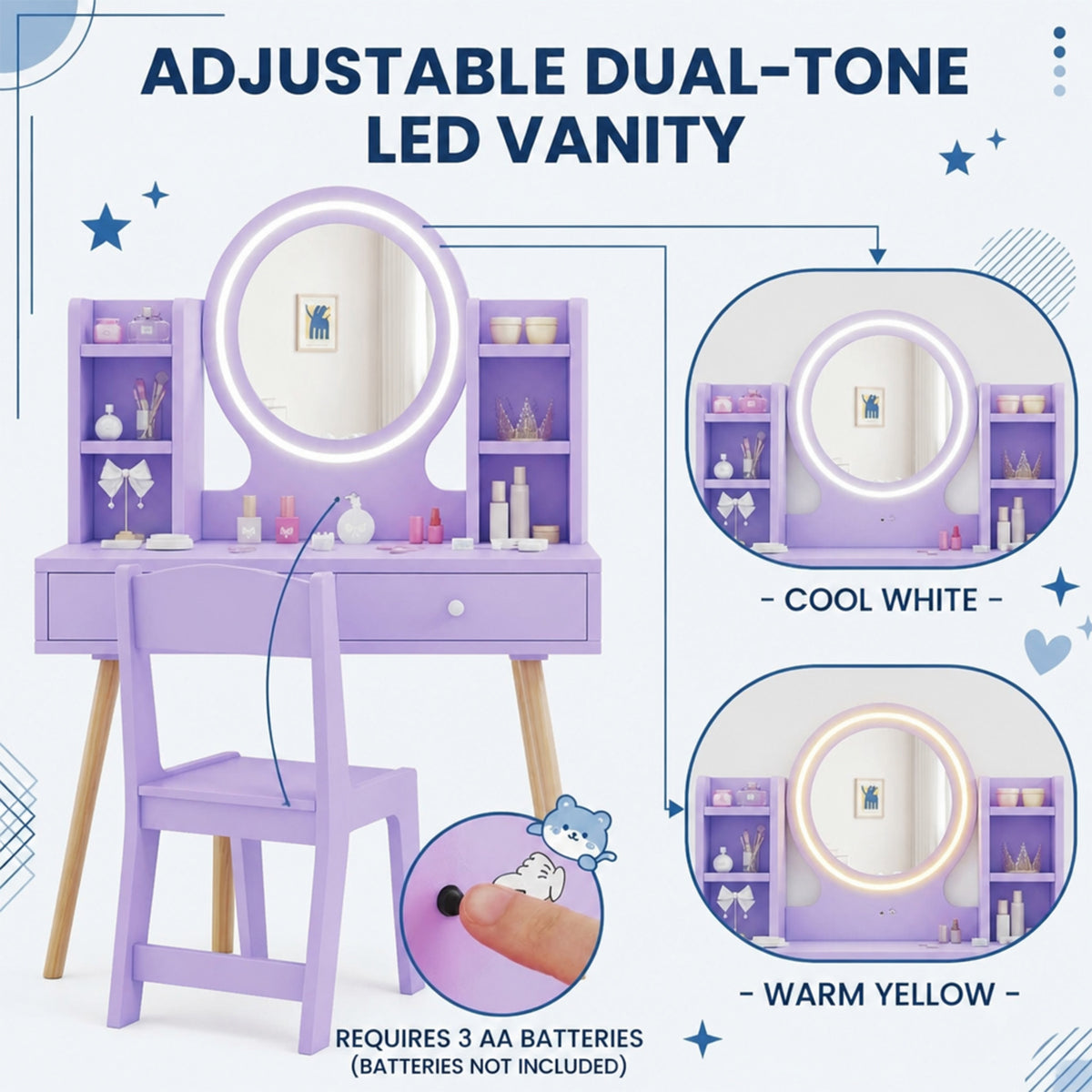 Kids Vanity Table & Chair Set 2 Colour Lit Mirror Storage Shelves