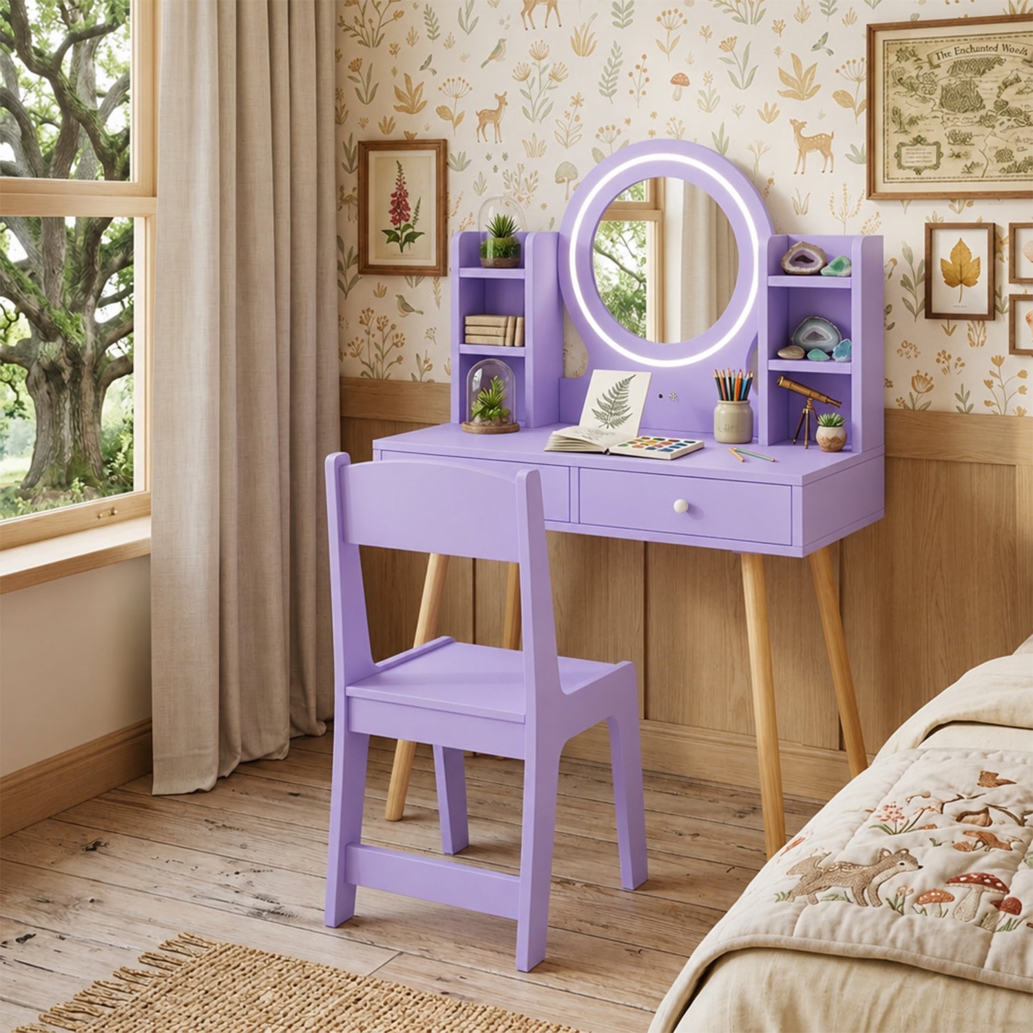 Kids Vanity Table & Chair Set 2 Colour Lit Mirror Storage Shelves