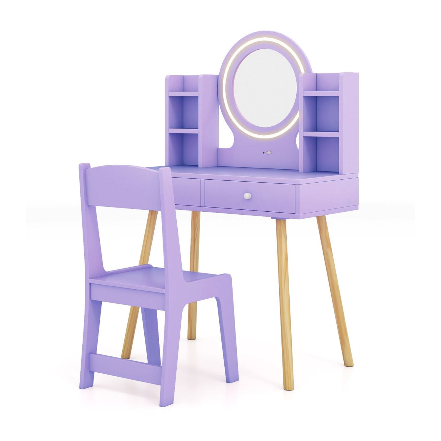 Kids Vanity Table & Chair Set 2 Colour Lit Mirror Storage Shelves