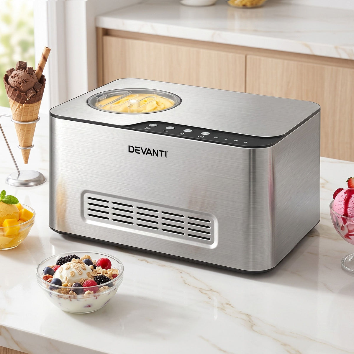 Devanti 2L Ice Cream Yogurt Maker Machine 2-in-1 No Freeze Gelato Sorbet Silver