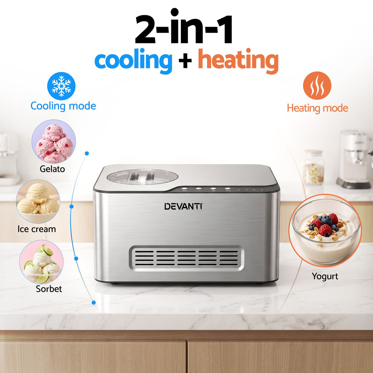 Devanti 2L Ice Cream Yogurt Maker Machine 2-in-1 No Freeze Gelato Sorbet Silver