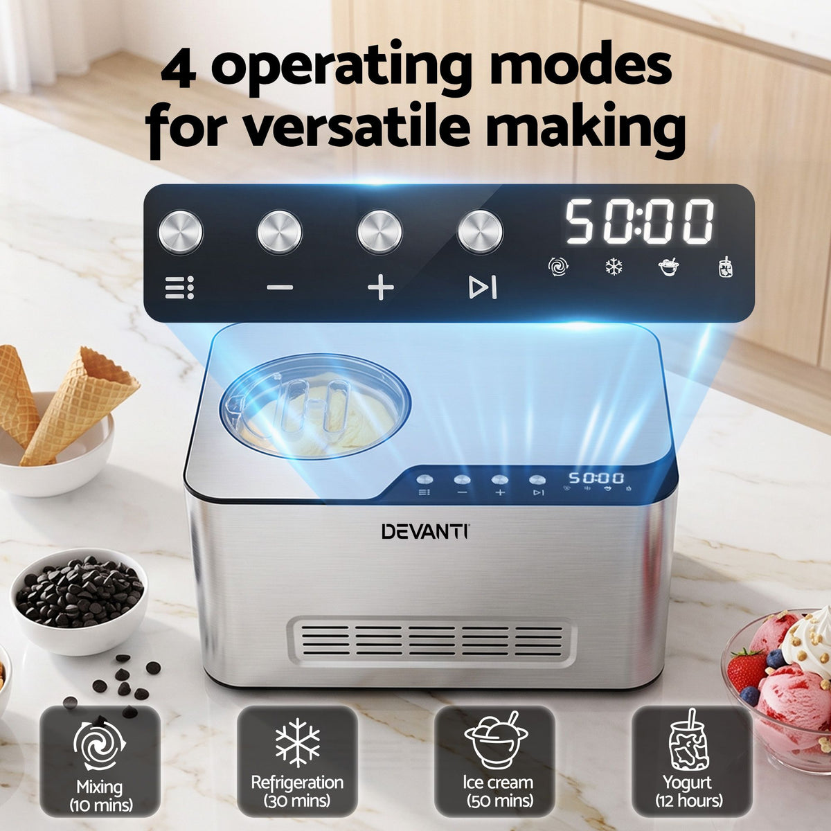 Devanti 2L Ice Cream Yogurt Maker Machine 2-in-1 No Freeze Gelato Sorbet Silver
