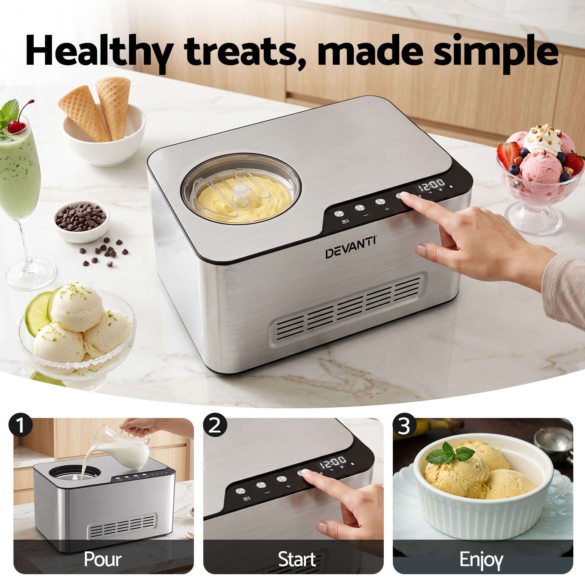 Devanti 2L Ice Cream Yogurt Maker Machine 2-in-1 No Freeze Gelato Sorbet Silver