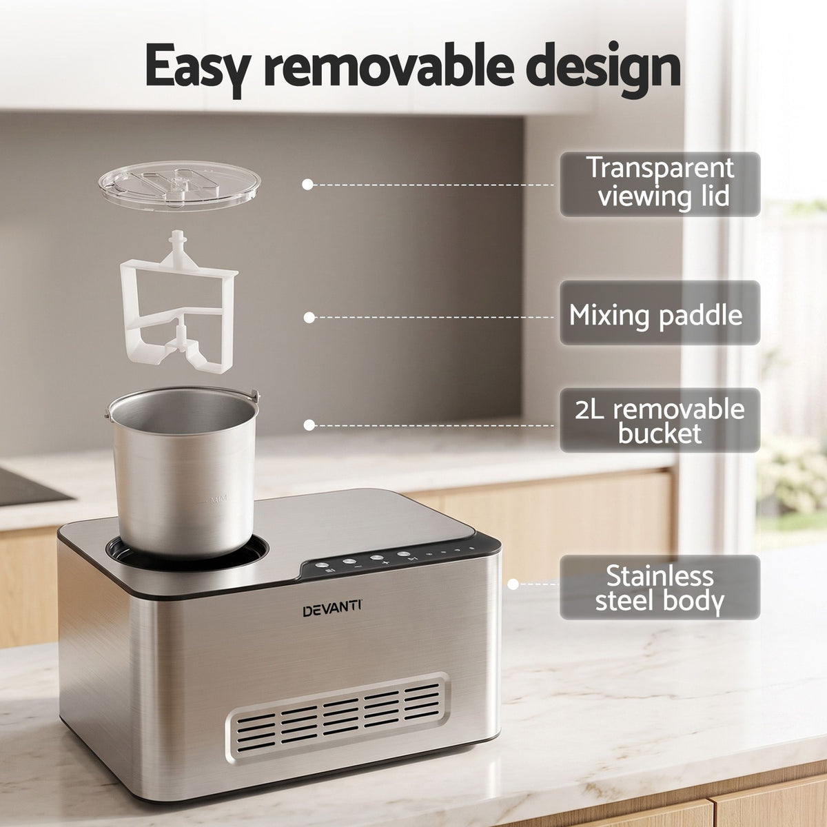 Devanti 2L Ice Cream Yogurt Maker Machine 2-in-1 No Freeze Gelato Sorbet Silver