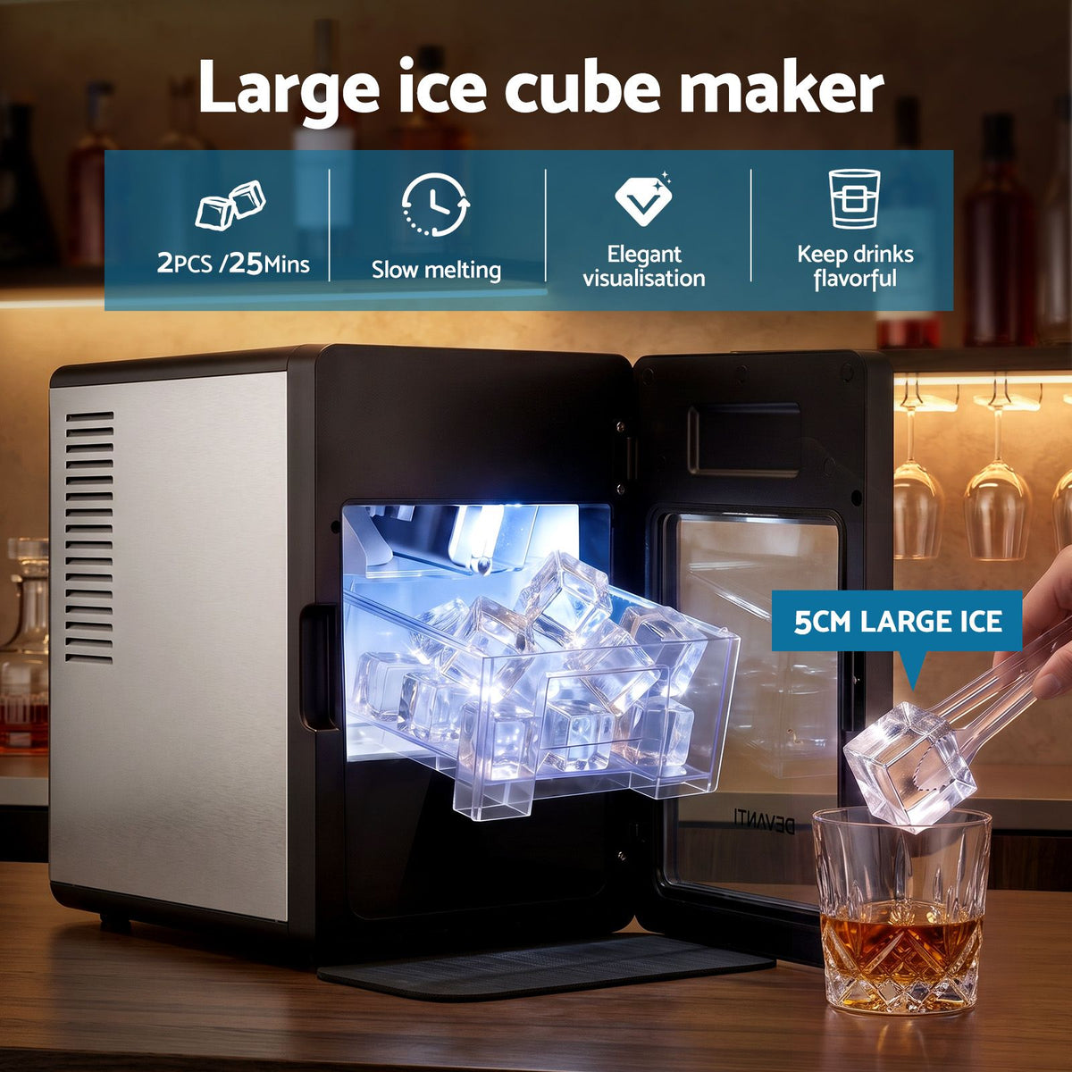 Devanti Ice Maker 5cm Large Cubes Countertop 150pcs/24h Touch Controls