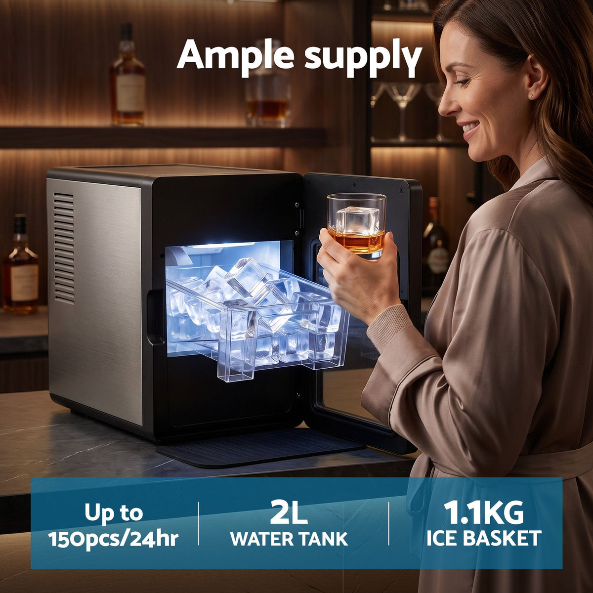 Devanti Ice Maker 5cm Large Cubes Countertop 150pcs/24h Touch Controls