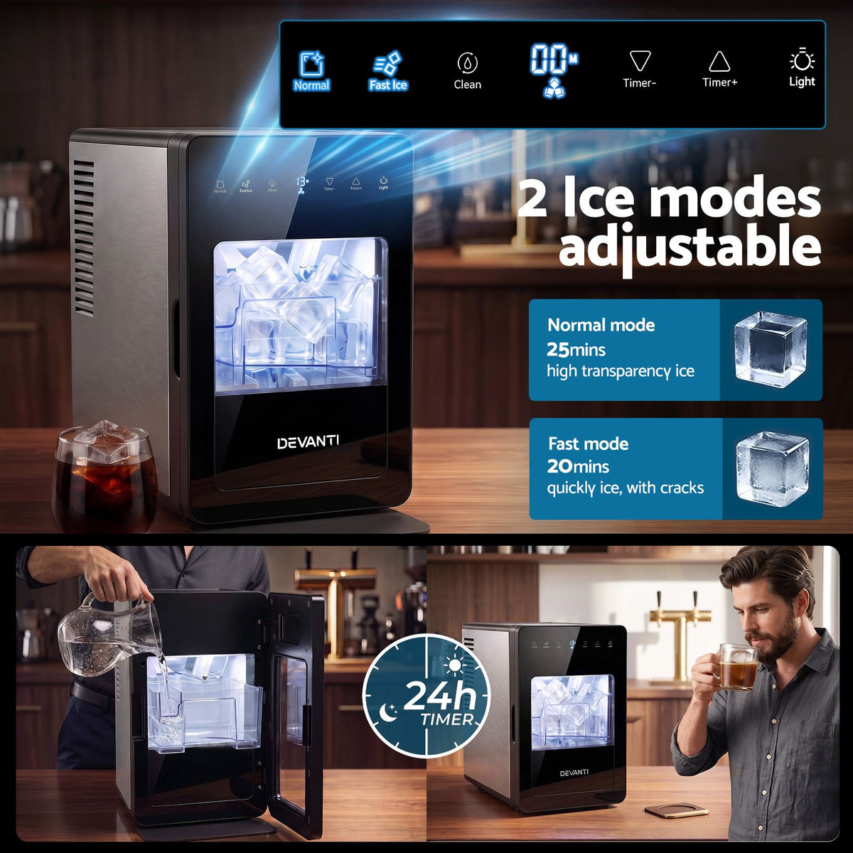 Devanti Ice Maker 5cm Large Cubes Countertop 150pcs/24h Touch Controls
