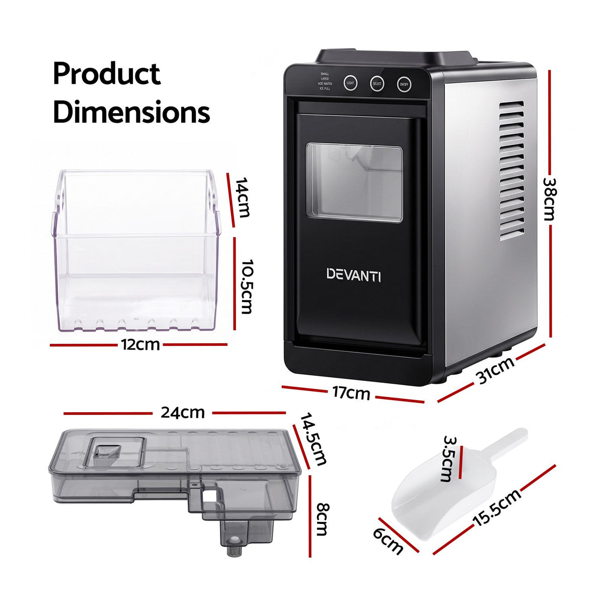 Devanti Ice Maker Slim Compact Countertop 12KG/24H Touch Panel