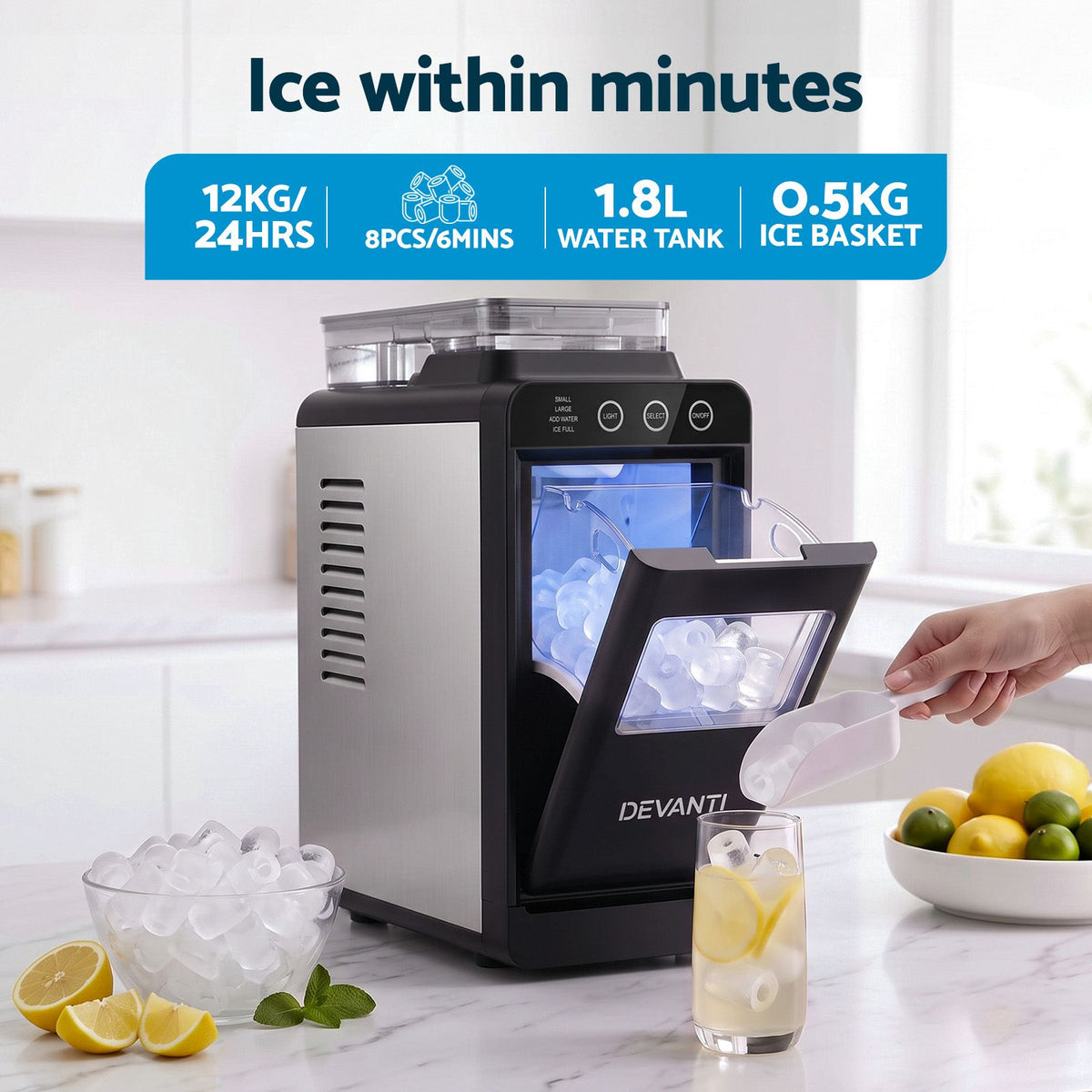 Devanti Ice Maker Slim Compact Countertop 12KG/24H Touch Panel