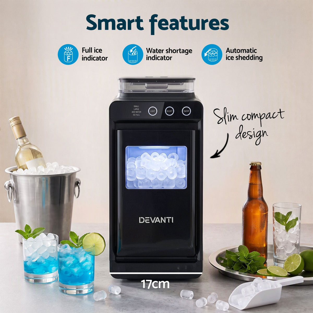 Devanti Ice Maker Slim Compact Countertop 12KG/24H Touch Panel