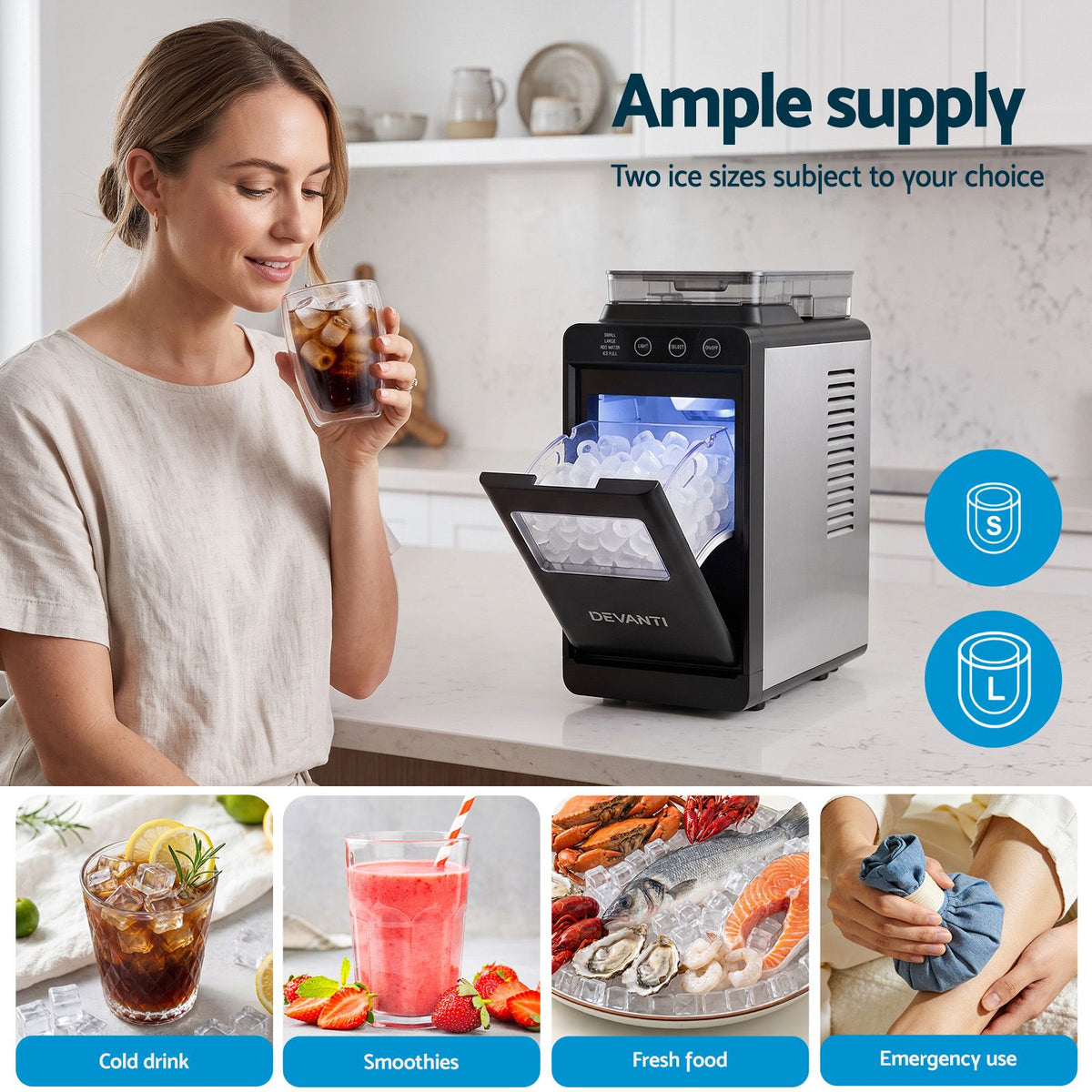 Devanti Ice Maker Slim Compact Countertop 12KG/24H Touch Panel
