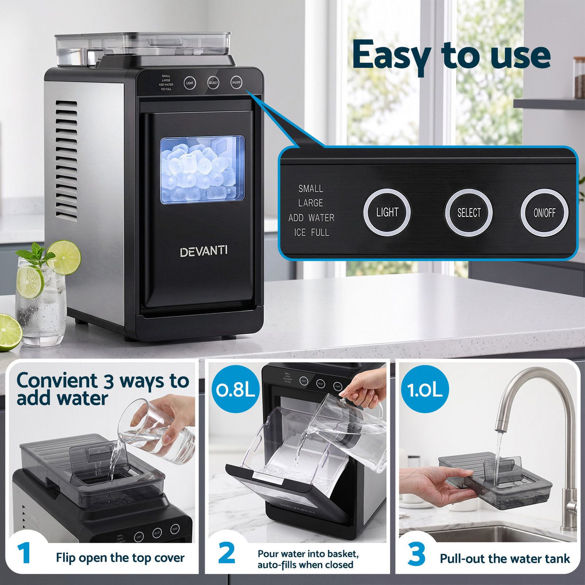 Devanti Ice Maker Slim Compact Countertop 12KG/24H Touch Panel