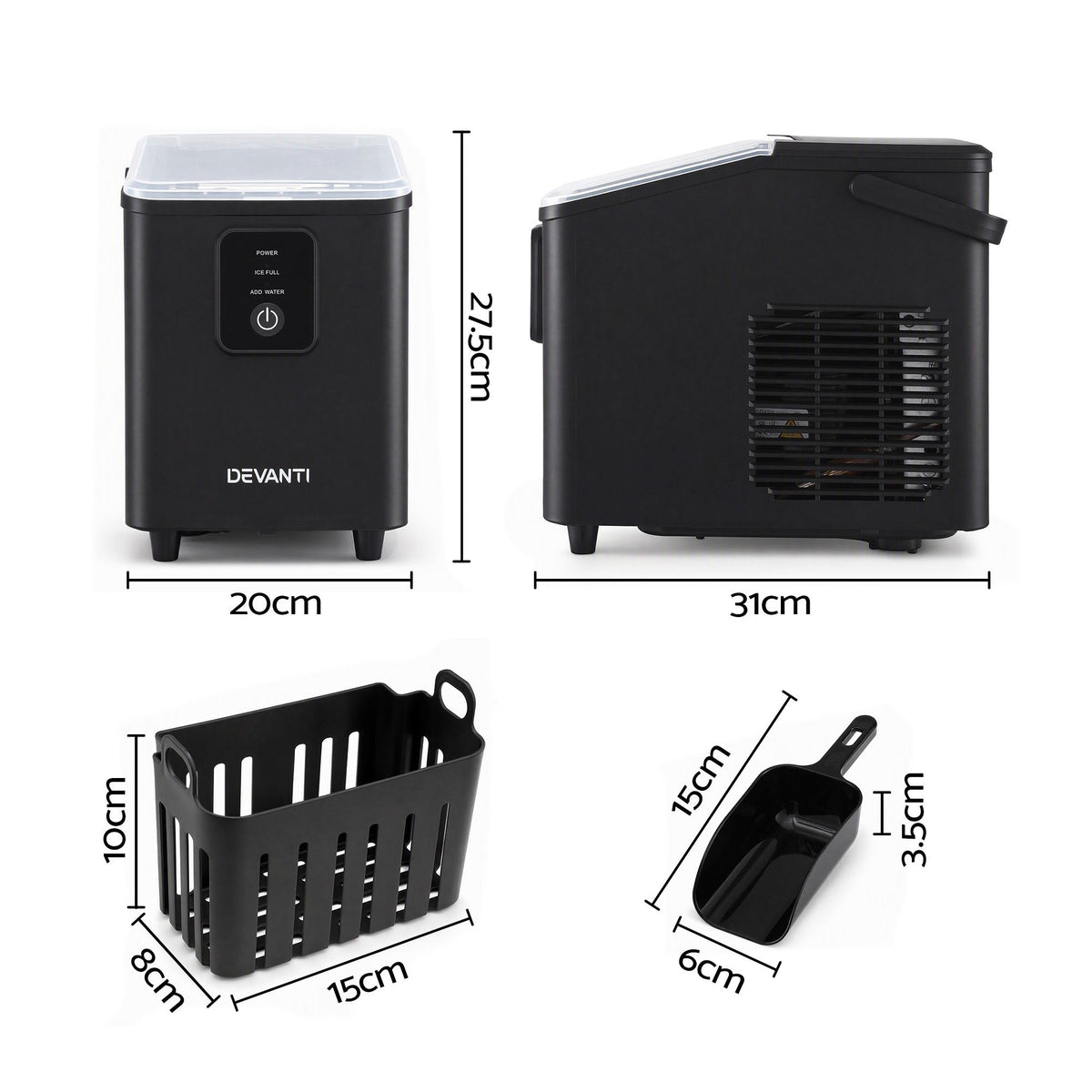 Devanti Ice Maker 11-12kg Portable Bullet Cube Machine Black