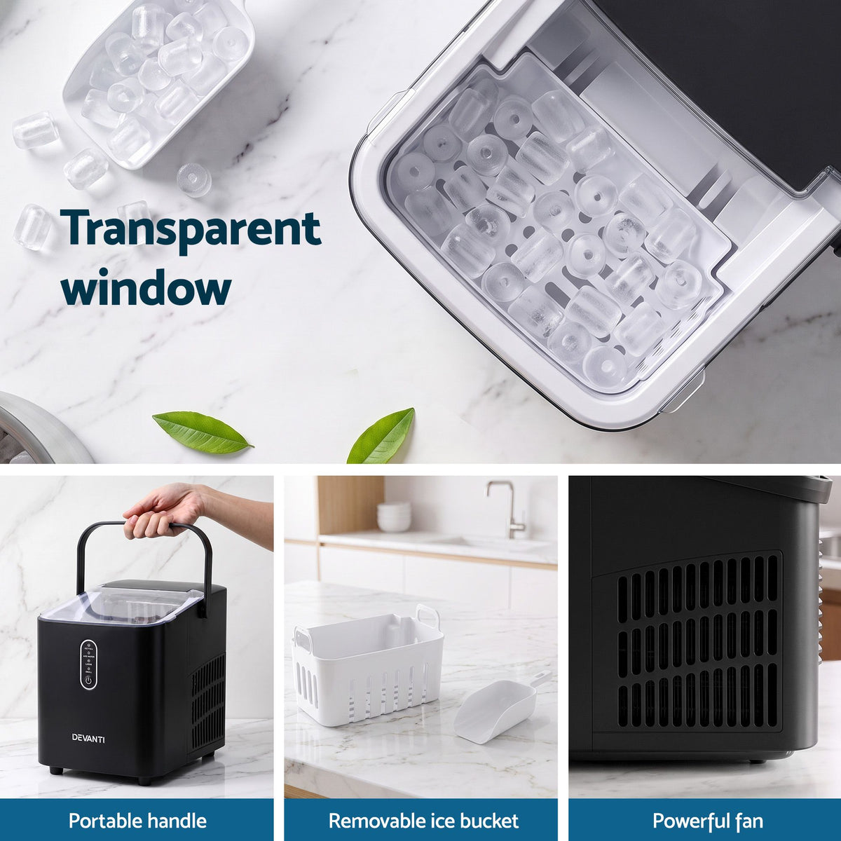 Devanti Ice Maker Portable Ice Machine Countertop Bullet Cube 12KG Black
