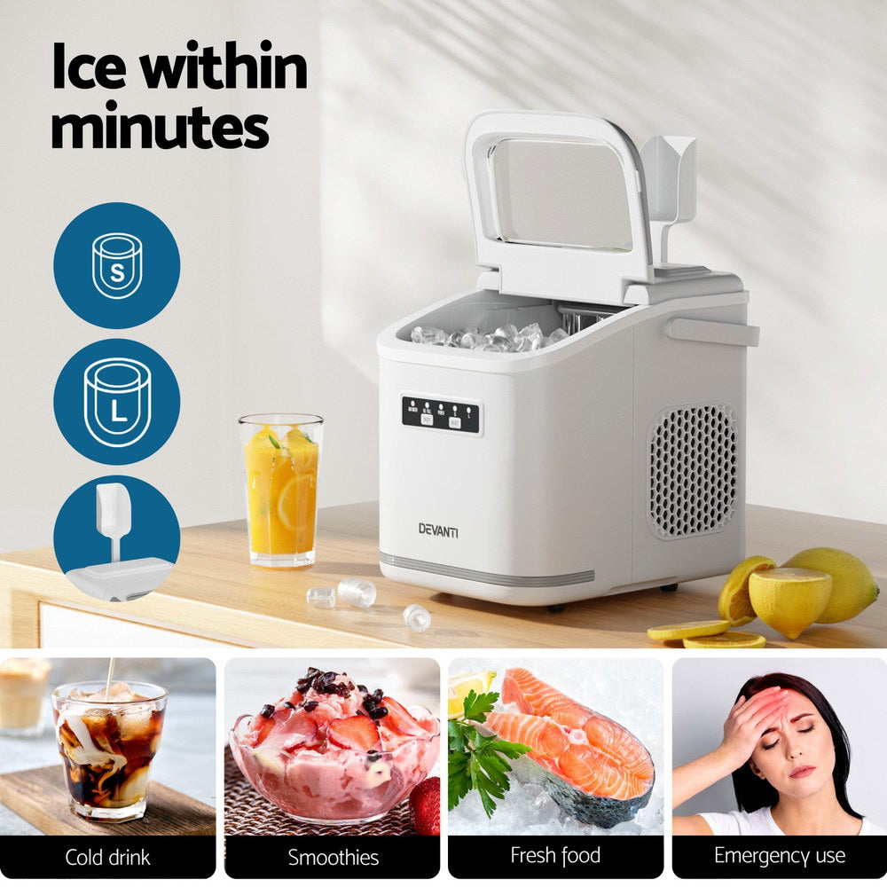 Devanti Ice Maker Machine Portable 12kg Countertop w/Self Cleaning 1.3L White