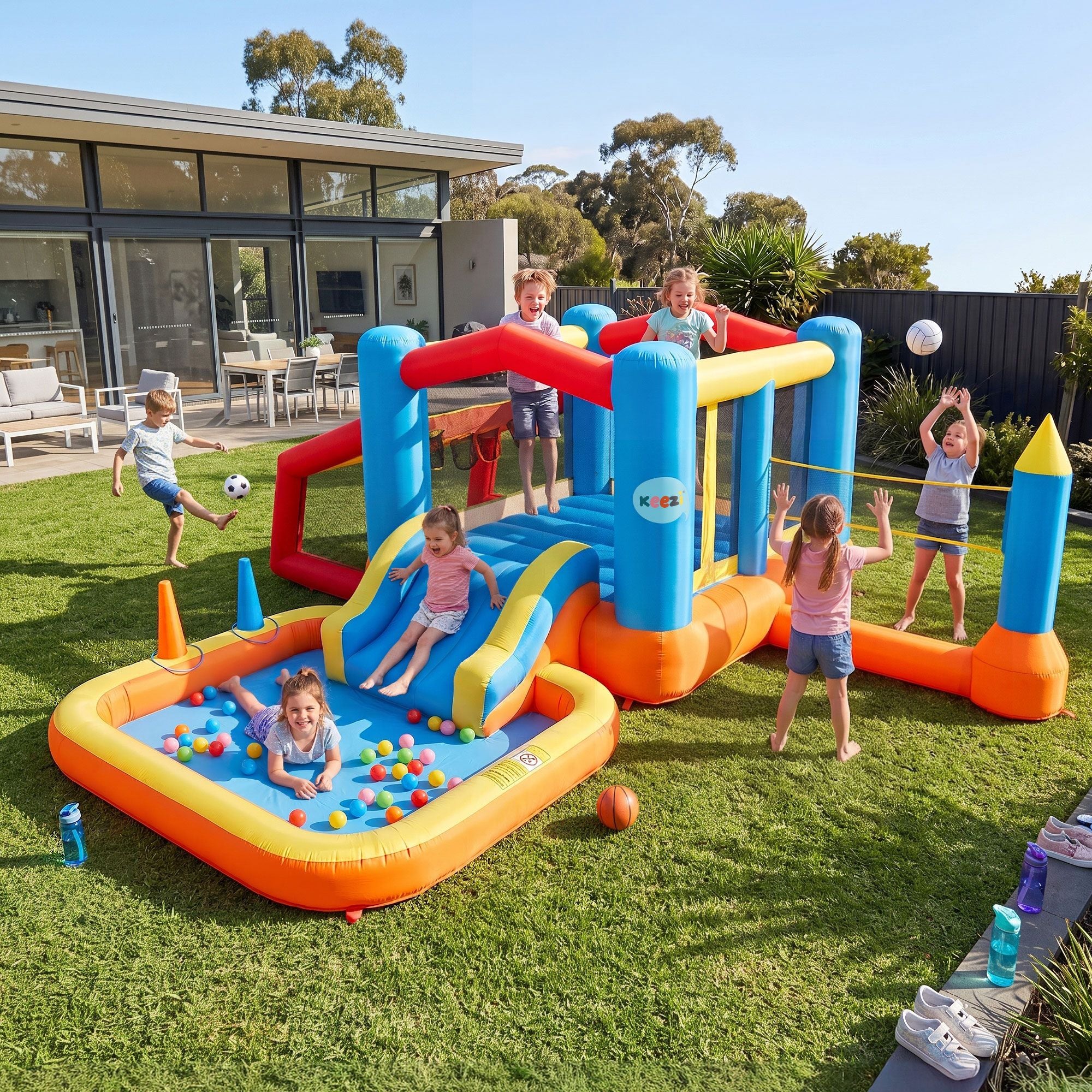 Keezi Inflatable Kids Pool Jumping Castle Play Park Volleyball Net Blower