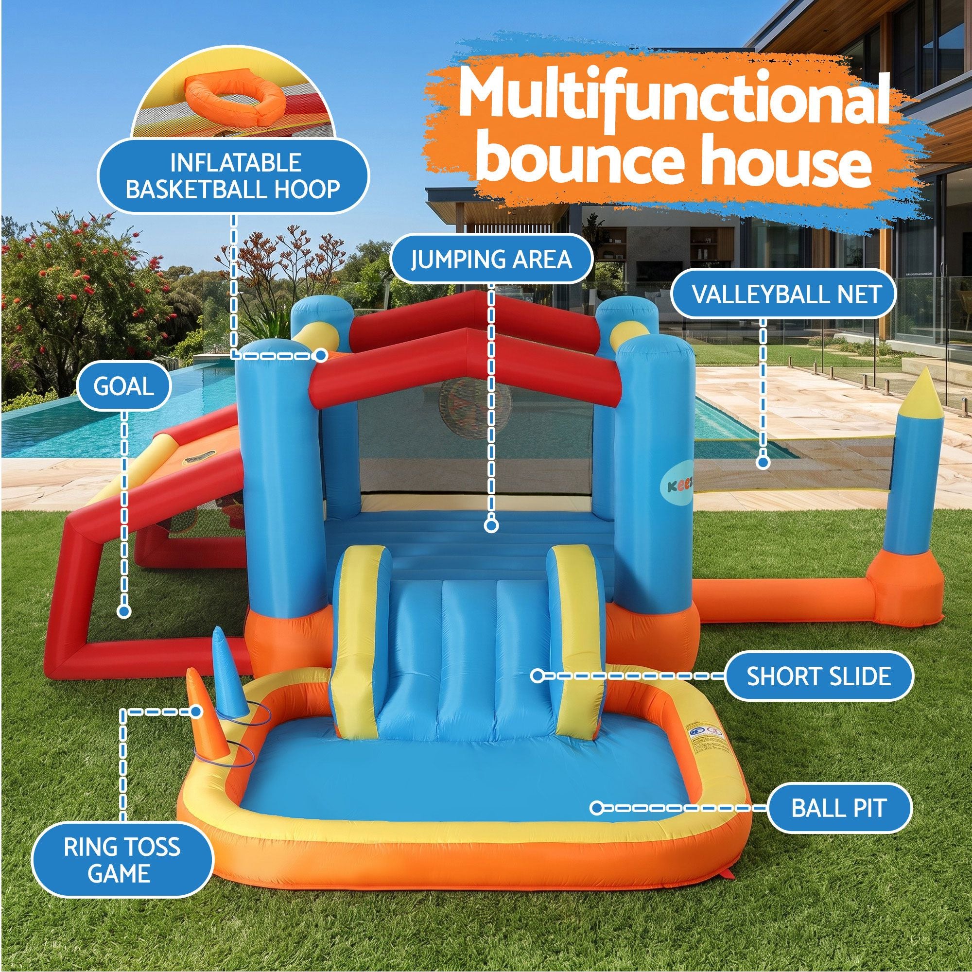 Keezi Inflatable Kids Pool Jumping Castle Play Park Volleyball Net Blower