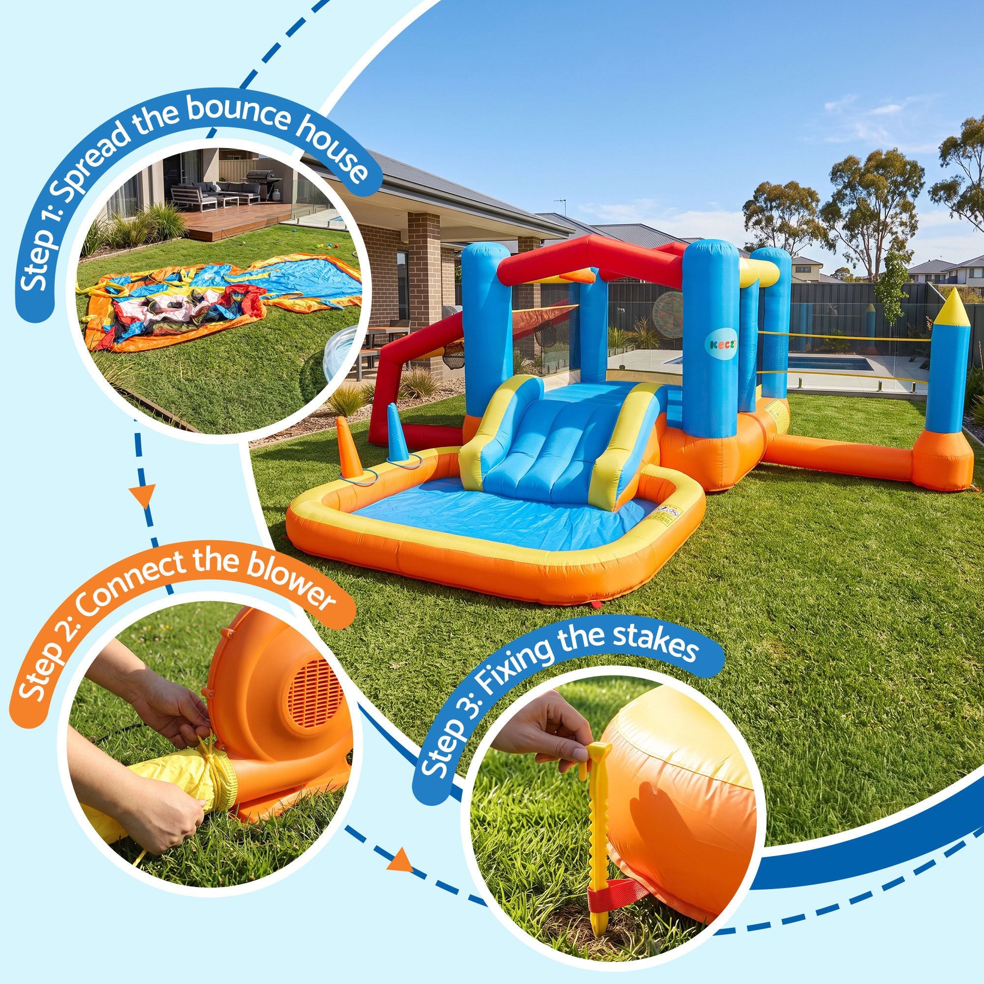 Keezi Inflatable Kids Pool Jumping Castle Play Park Volleyball Net Blower