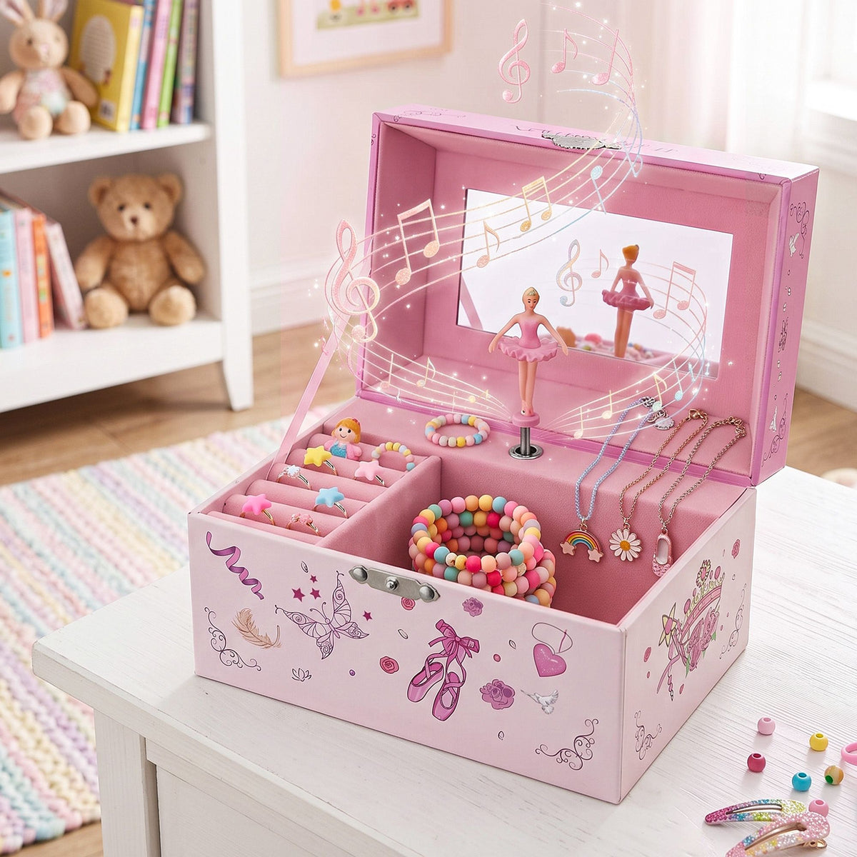 Keezi Kids Jewellery Box Organiser for Girls Music Box Princess Pink