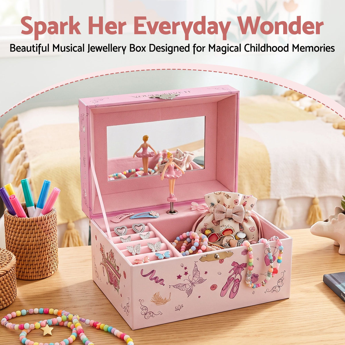 Keezi Kids Jewellery Box Organiser for Girls Music Box Princess Pink