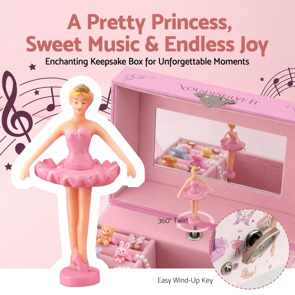 Keezi Kids Jewellery Box Organiser for Girls Music Box Princess Pink