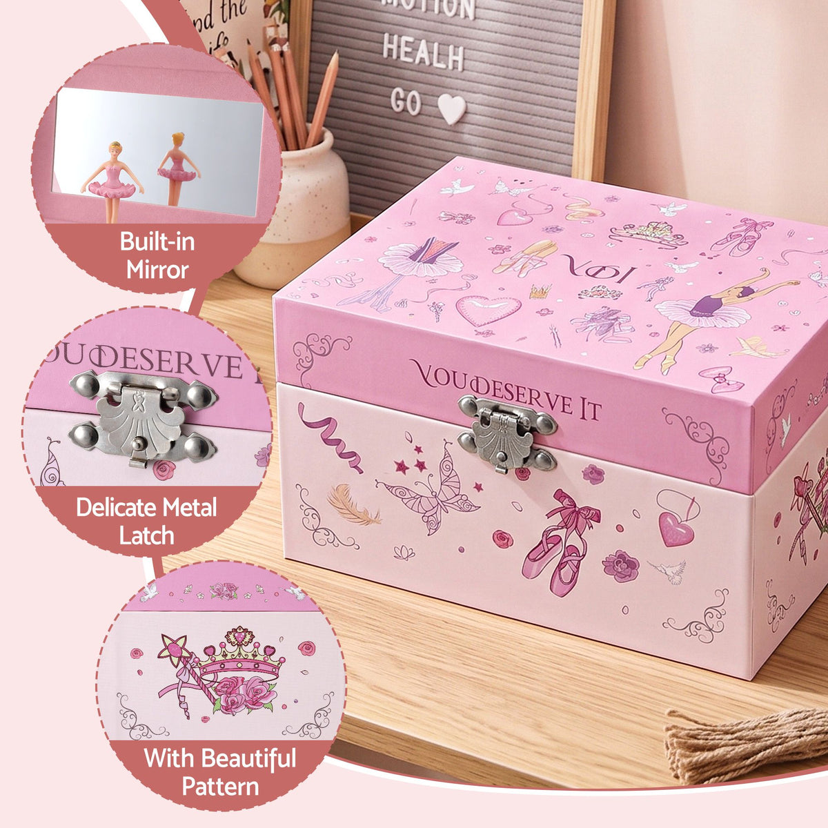 Keezi Kids Jewellery Box Organiser for Girls Music Box Princess Pink