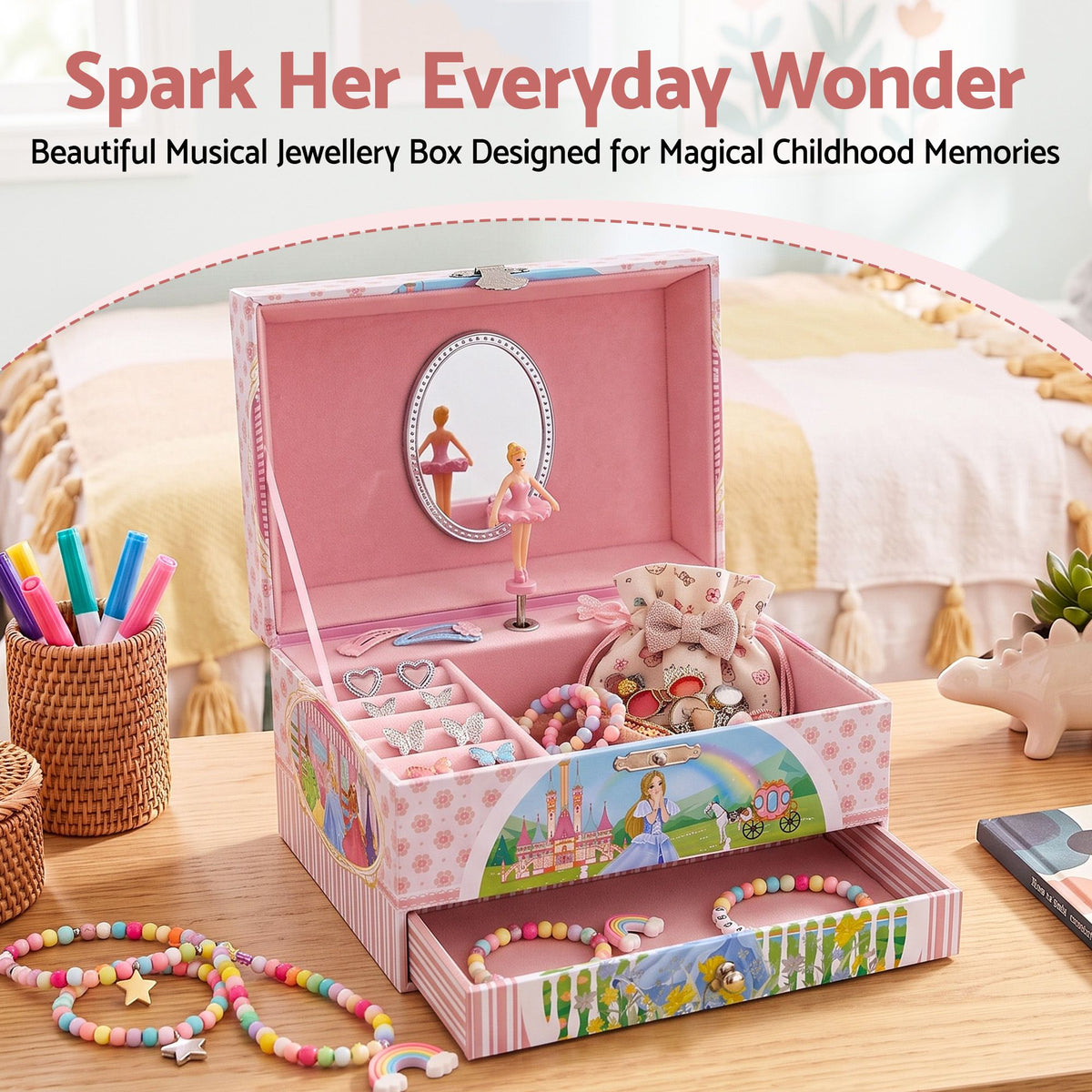 Keezi Kids Jewellery Box Organiser for Girls Music Box with Drawer