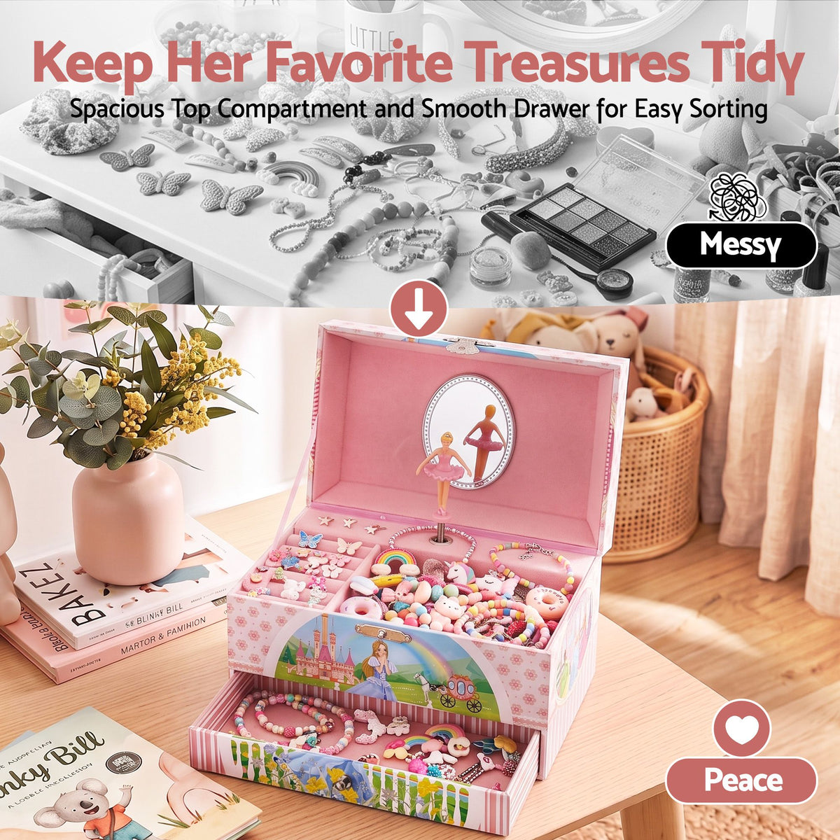 Keezi Kids Jewellery Box Organiser for Girls Music Box with Drawer