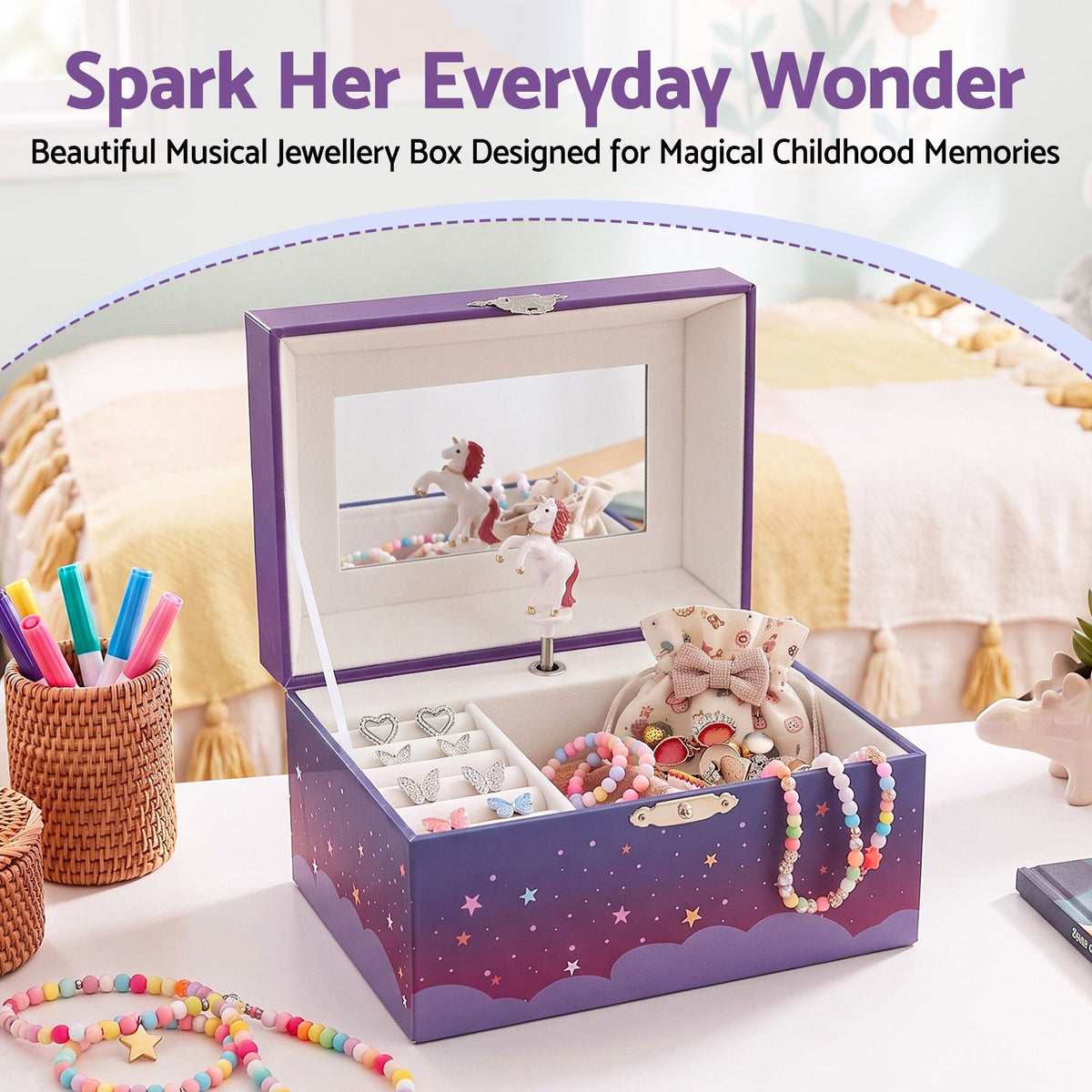 Keezi Kids Jewellery Box Organiser for Girls Music Box Unicorn Purple