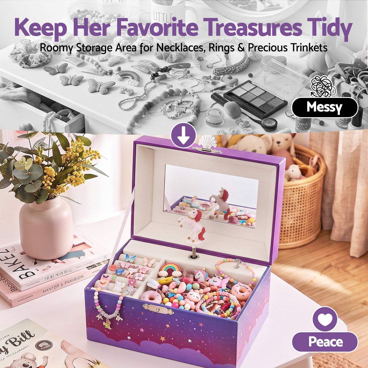 Keezi Kids Jewellery Box Organiser for Girls Music Box Unicorn Purple