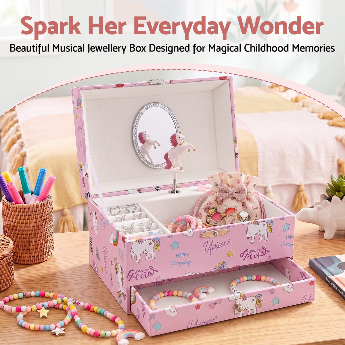 Keezi Kids Jewellery Box Organiser for Girls Music Box with Mirror