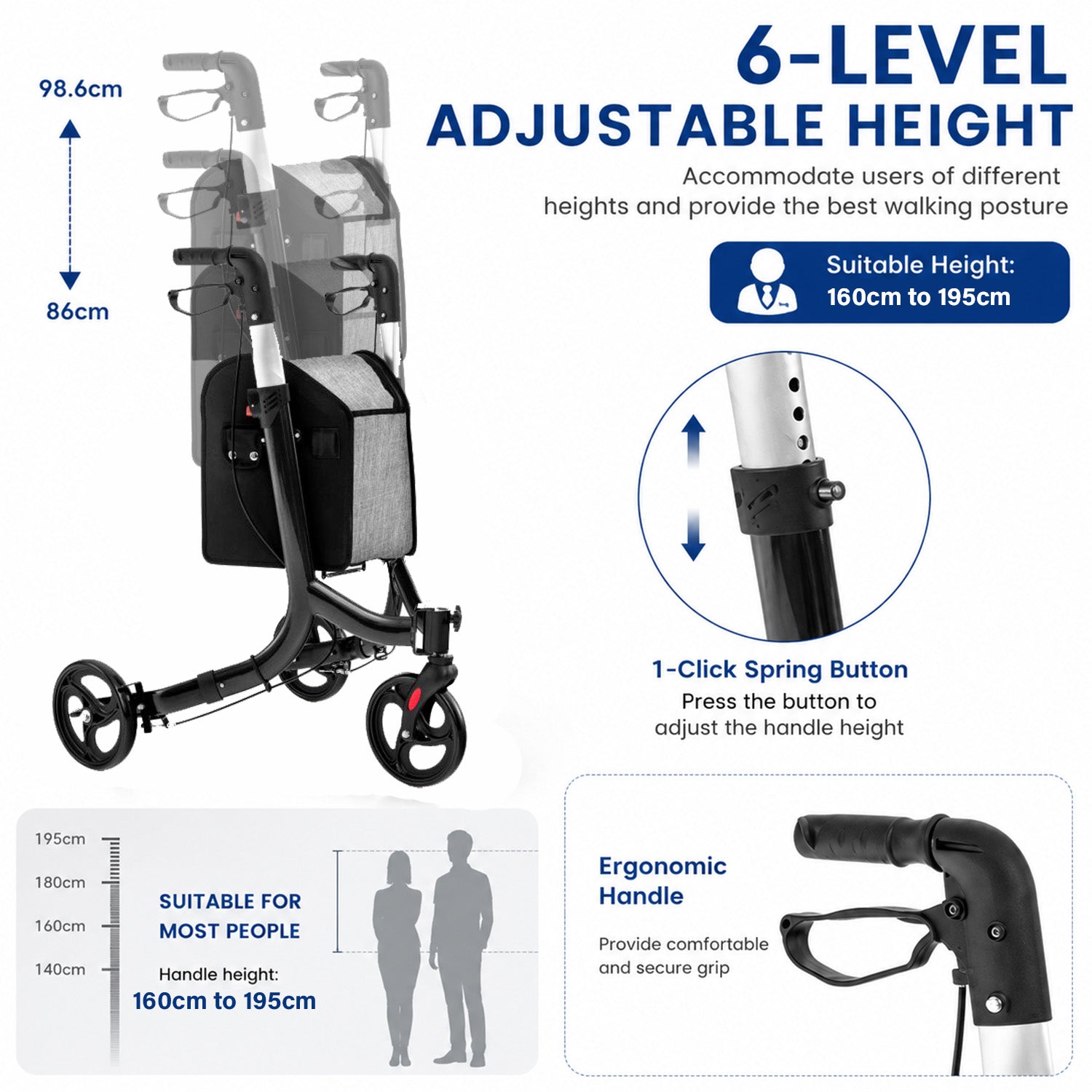 Aluminium Foldable 3 Wheel Rollator Walker with Zippered Bag Dual Brake System